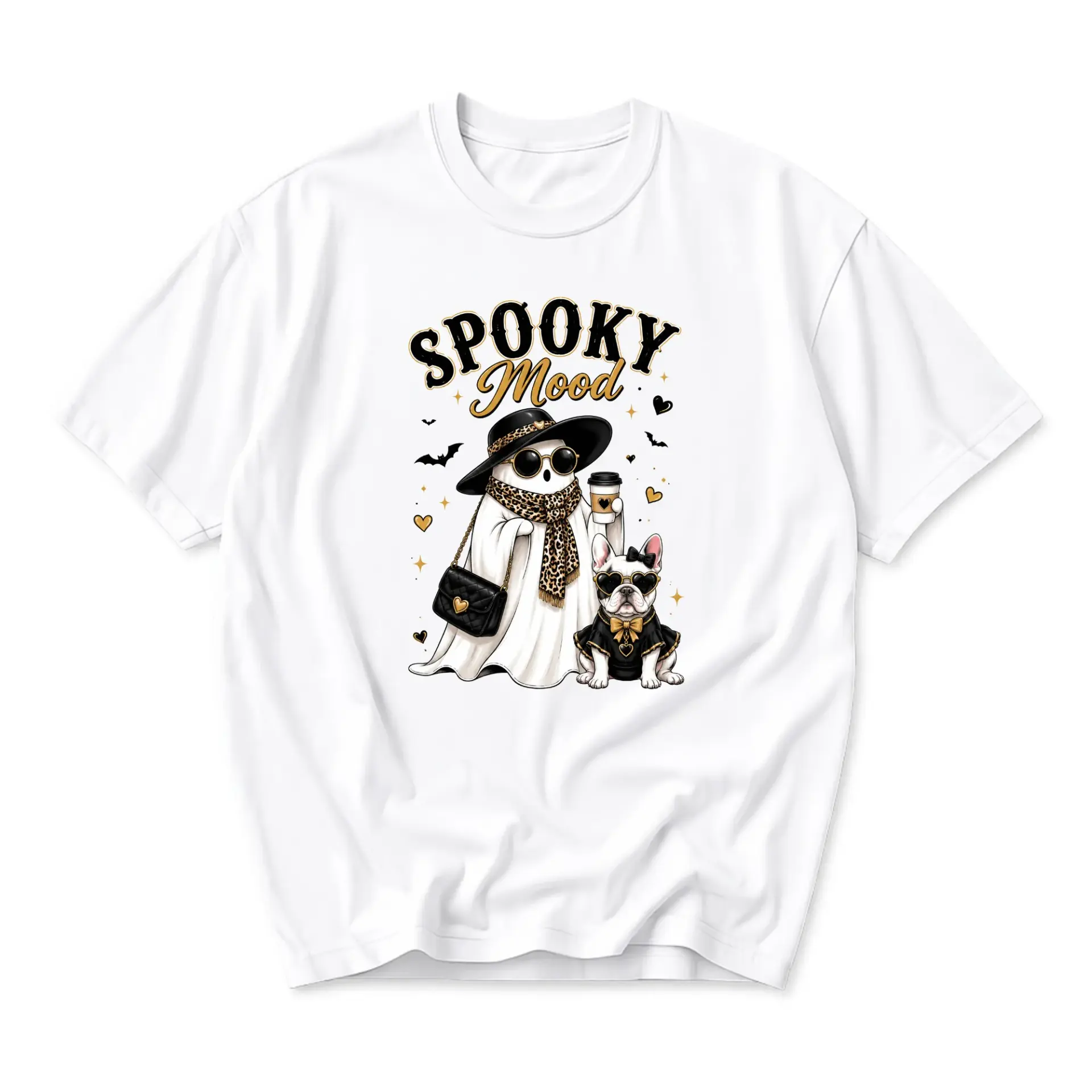 Graphic Tee Spooky Mood Ghost and French Bulldog Design Unisex Crew Neck Casual Everyday Short Sleeve Cotton Shirt