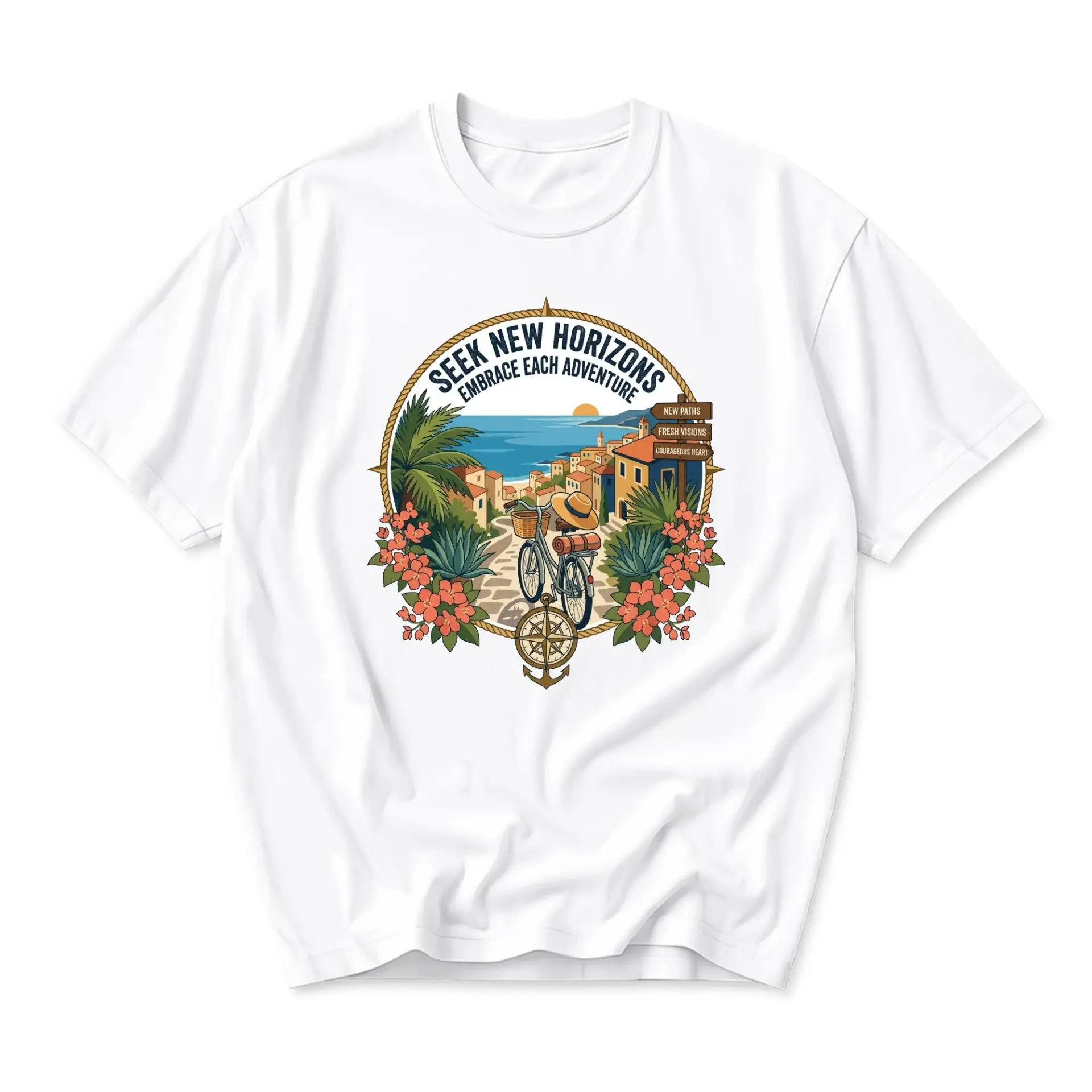Graphic Tee Seek New Horizons Travel Adventure Shirt Unisex Crew Neck Cotton Blend Casual Summer Outfit Apparel
