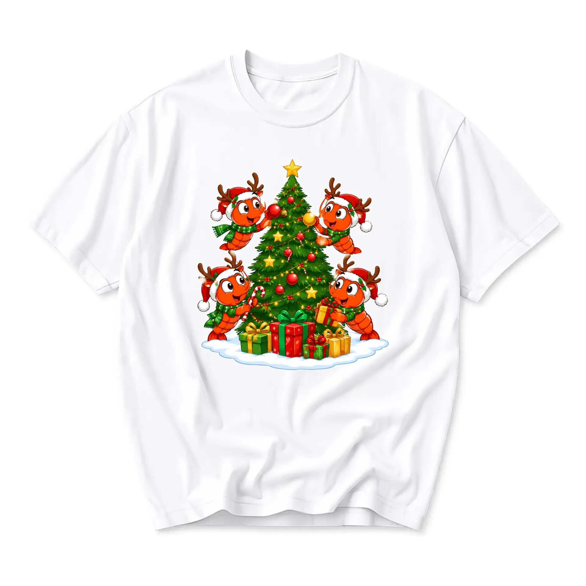 Funny Shirt Holiday Graphic Tee Featuring Cute Crustaceans Decorating a Christmas Tree Unisex Crew Neck Top