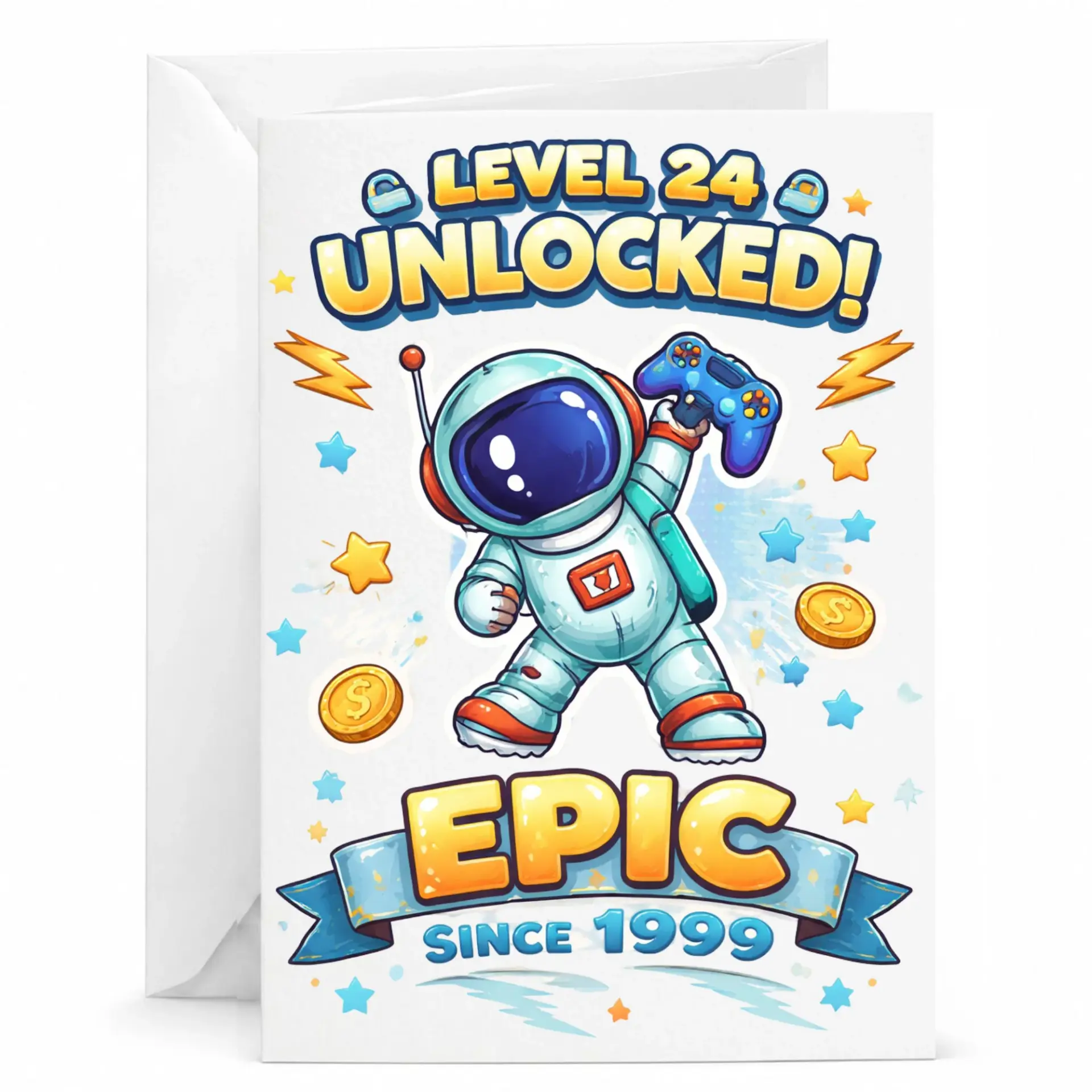 Birthday Card Level 24 Unlocked Epic Since 1999 Gaming Theme Greeting Card for Him or Her with White Envelope Included