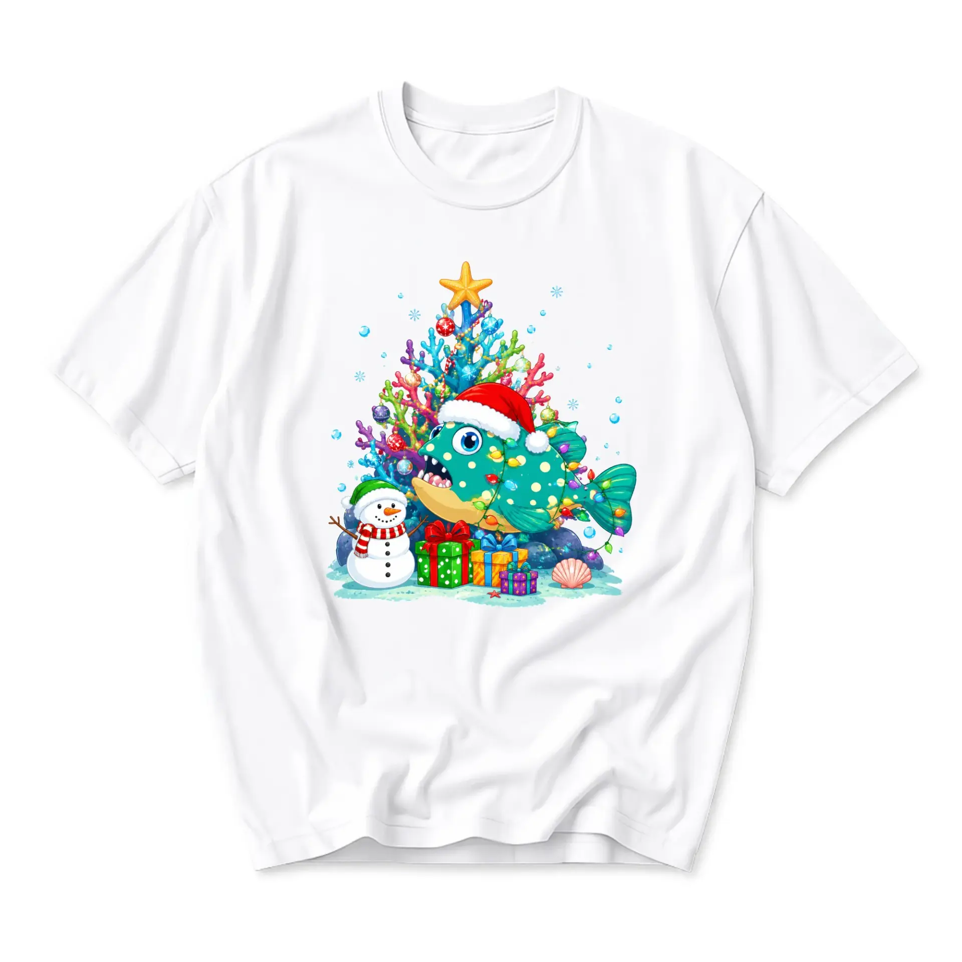 Funny Shirt Tropical Underwater Christmas Tree Scene with Cute Spotted Fish