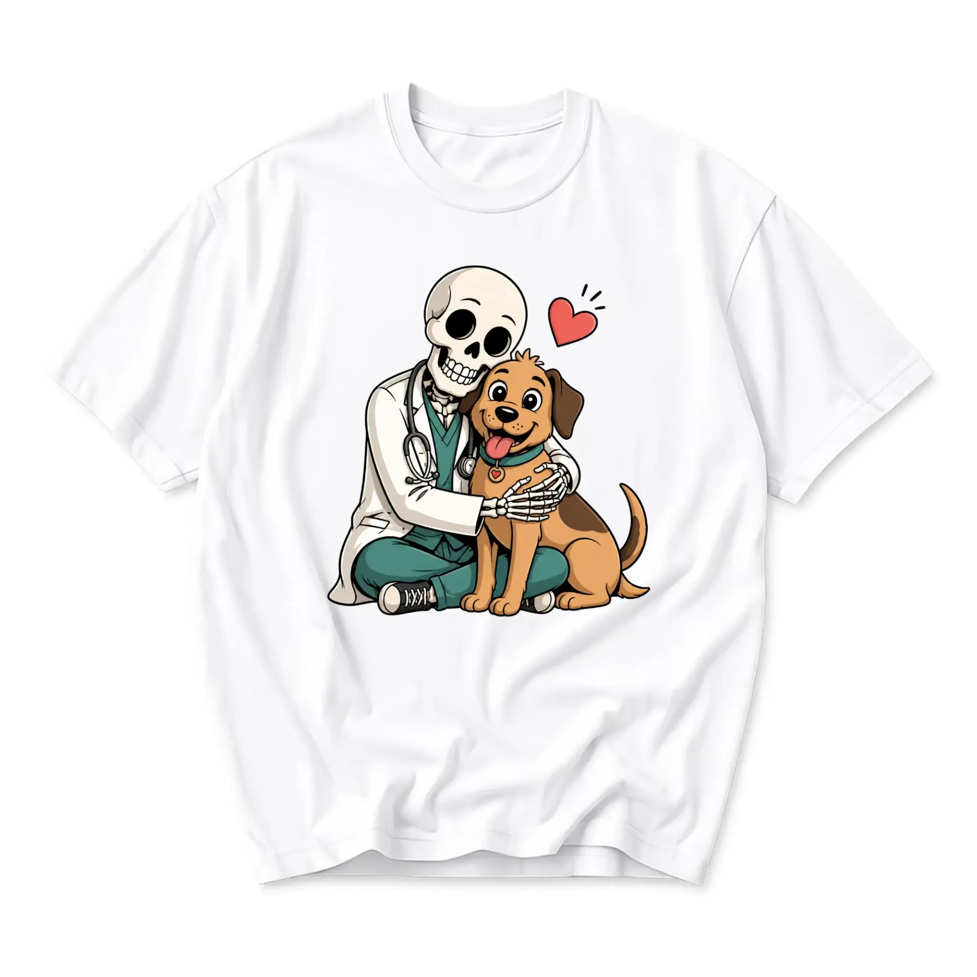 Graphic Tee Skeleton Veterinarian Hugging Dog Print Unisex Casual Crew Neck Soft Cotton Blend Short Sleeve Shirt