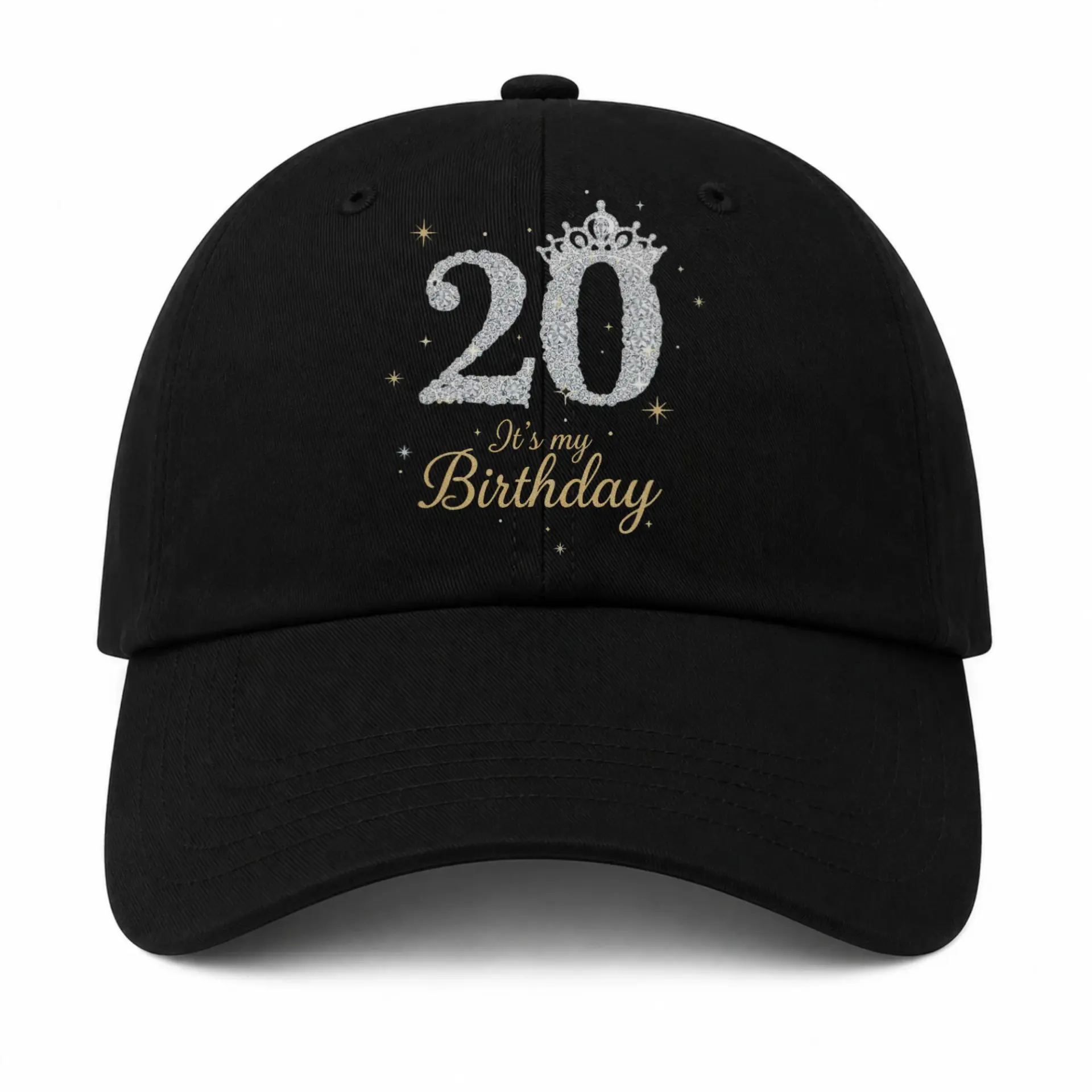Baseball Cap Featuring a Festive Glitter Birthday Crown Graphic Design