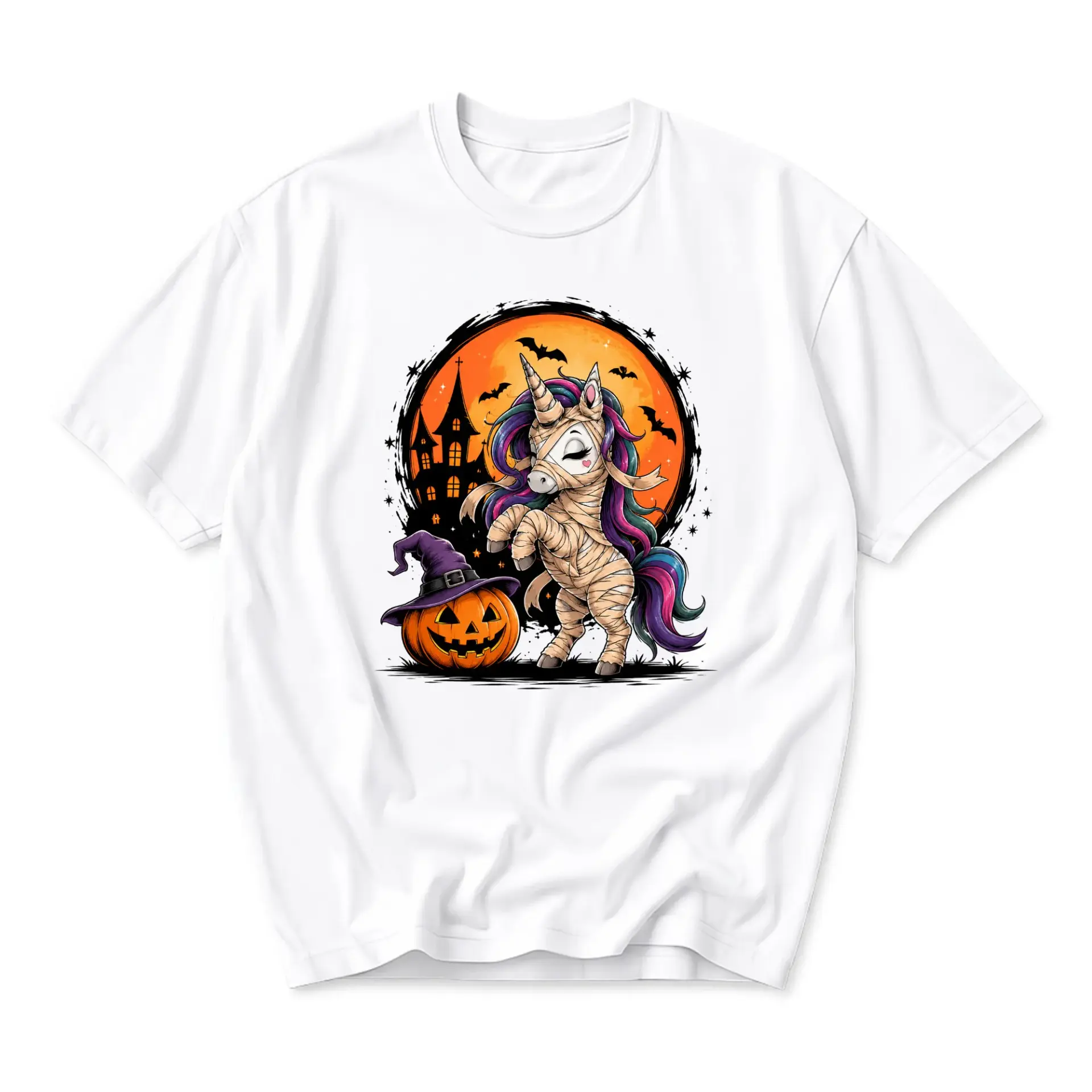 Graphic Tee Unisex Halloween Mummy Unicorn Shirt Spooky Pumpkin Theme Short Sleeve Casual Crew Neck Apparel White