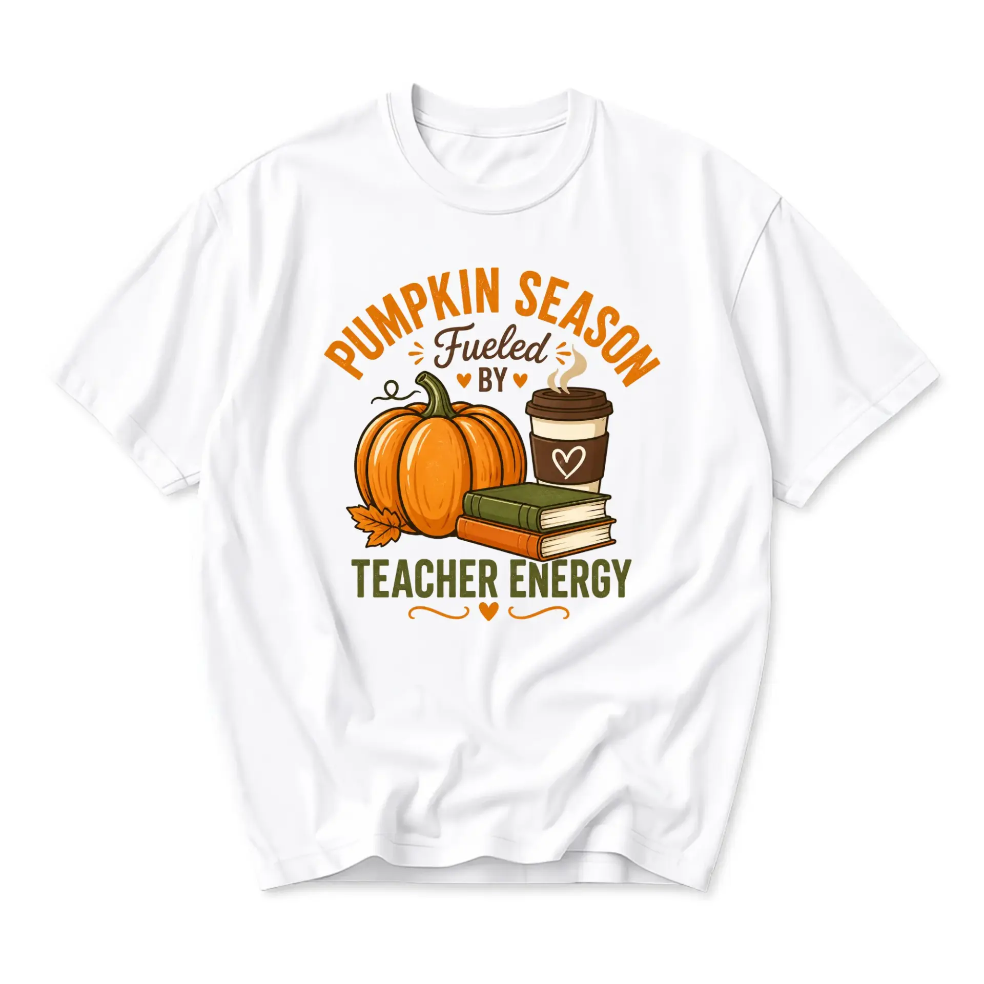 Funny Shirt Pumpkin Season Fueled by Teacher Energy Graphic Tee Unisex Casual Crew Neck Soft Cotton Apparel