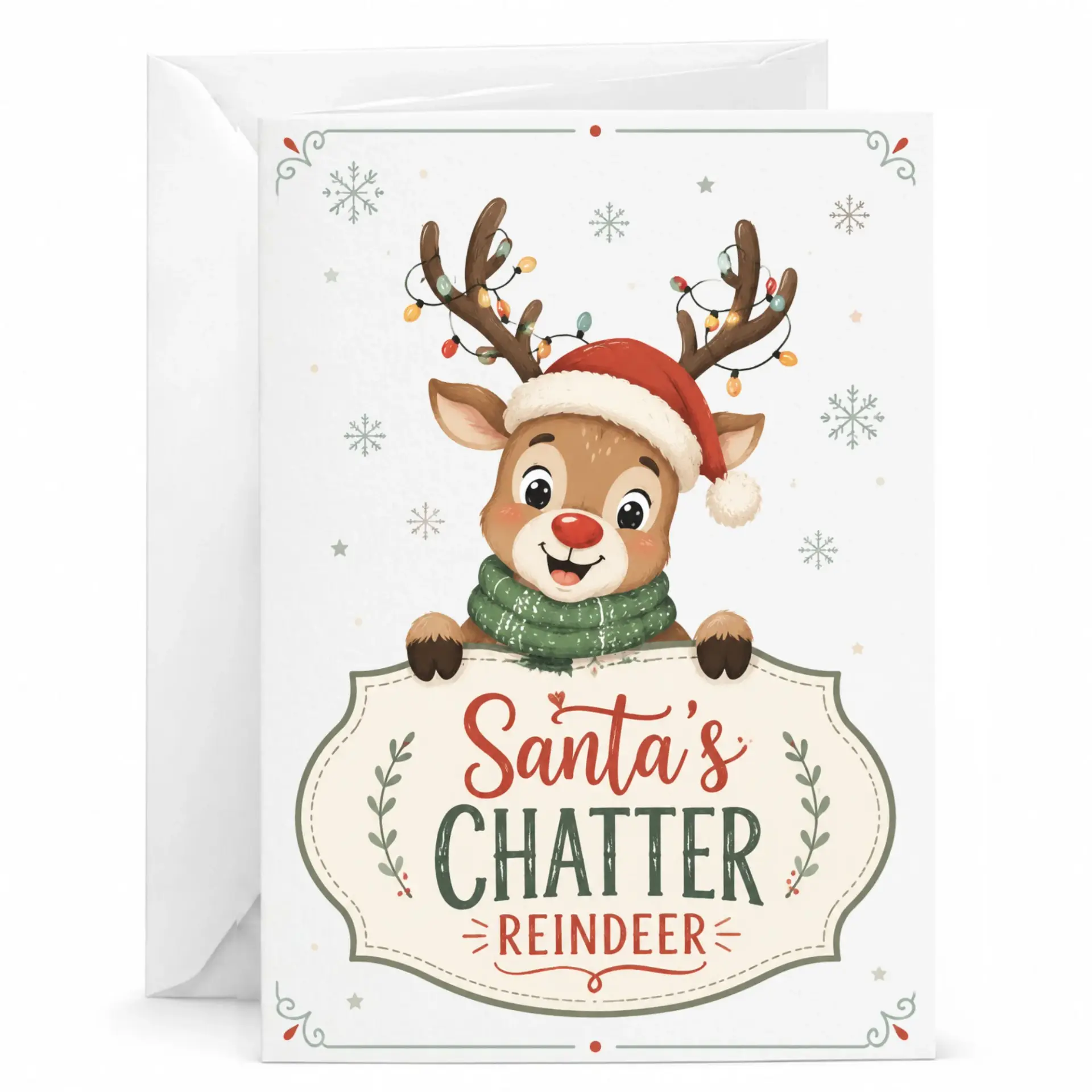 Holiday Greeting Card Featuring Cheerful Reindeer with Christmas Lights and Festive Winter Season Snowflake Accents