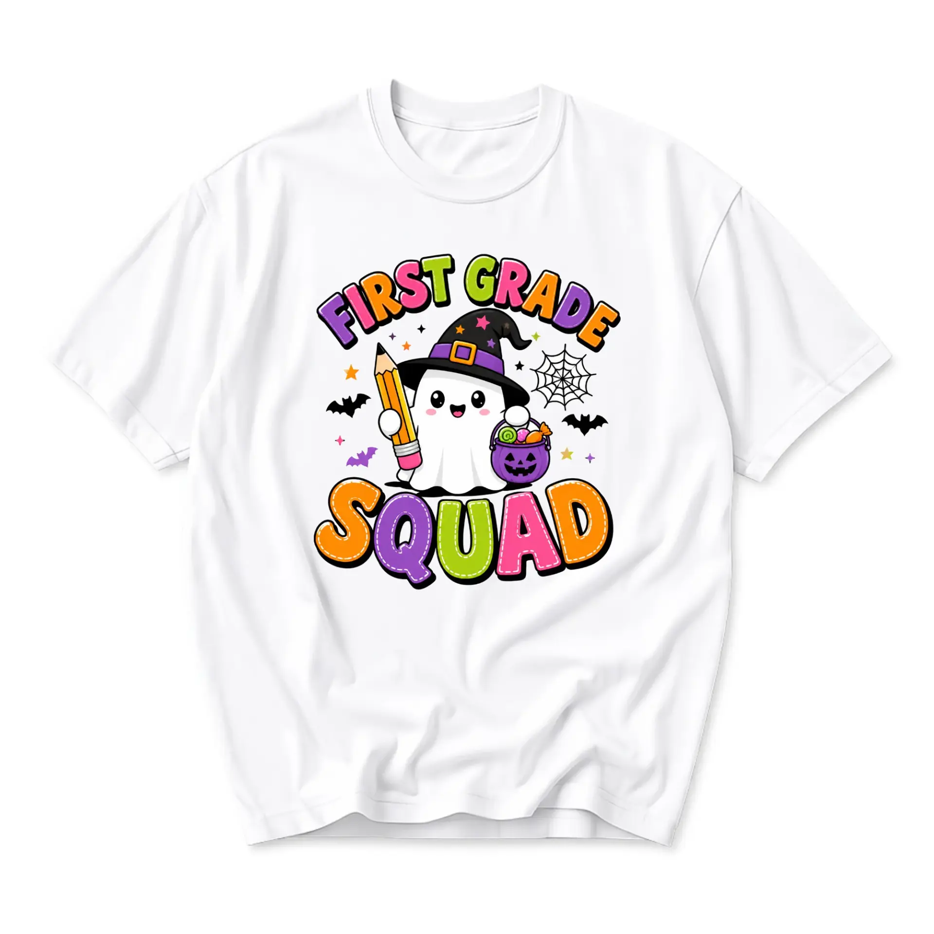 Graphic Tee First Grade Squad Cute Ghost Halloween Unisex Crew Neck Shirt Casual Soft Cotton Blend Apparel