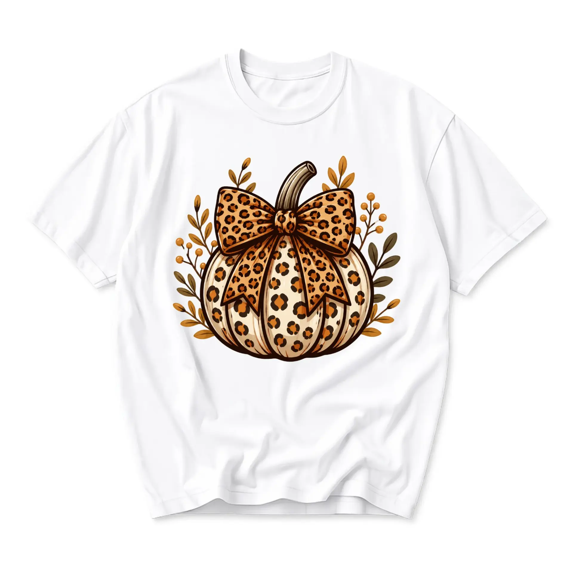 Graphic Tee Unisex Leopard Print Pumpkin Shirt Fall Autumn Seasonal Apparel Casual Cotton Blend Crew Neck Top