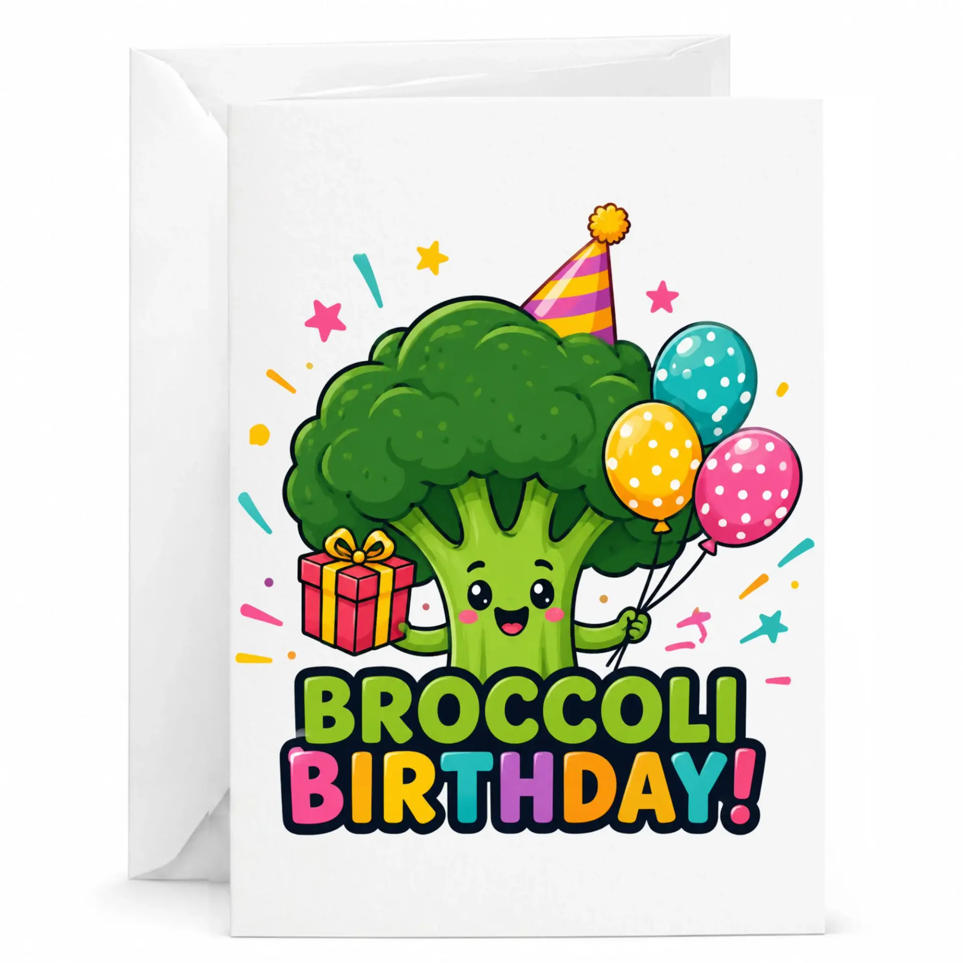 Birthday Card Funny Broccoli Illustration with Balloons and Gift Box Graphic Printed Greeting Card for Celebration