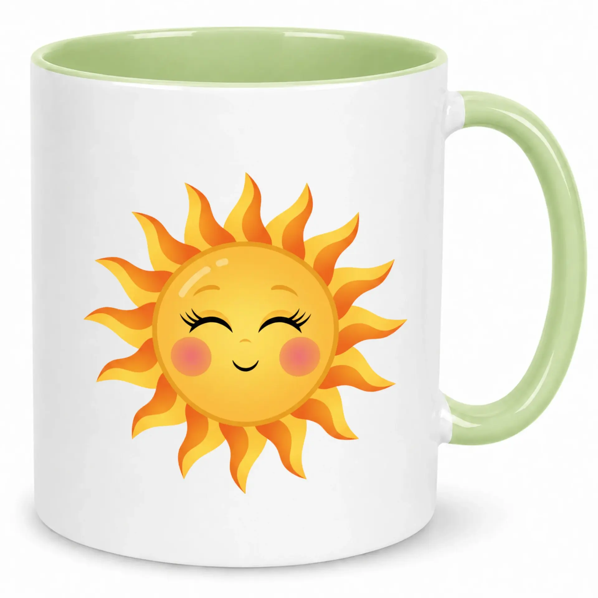 Smiling Sun Ceramic Coffee Mug with Green Handle and Interior White 11 Oz or 15 Oz Premium Drinkware for Home Office