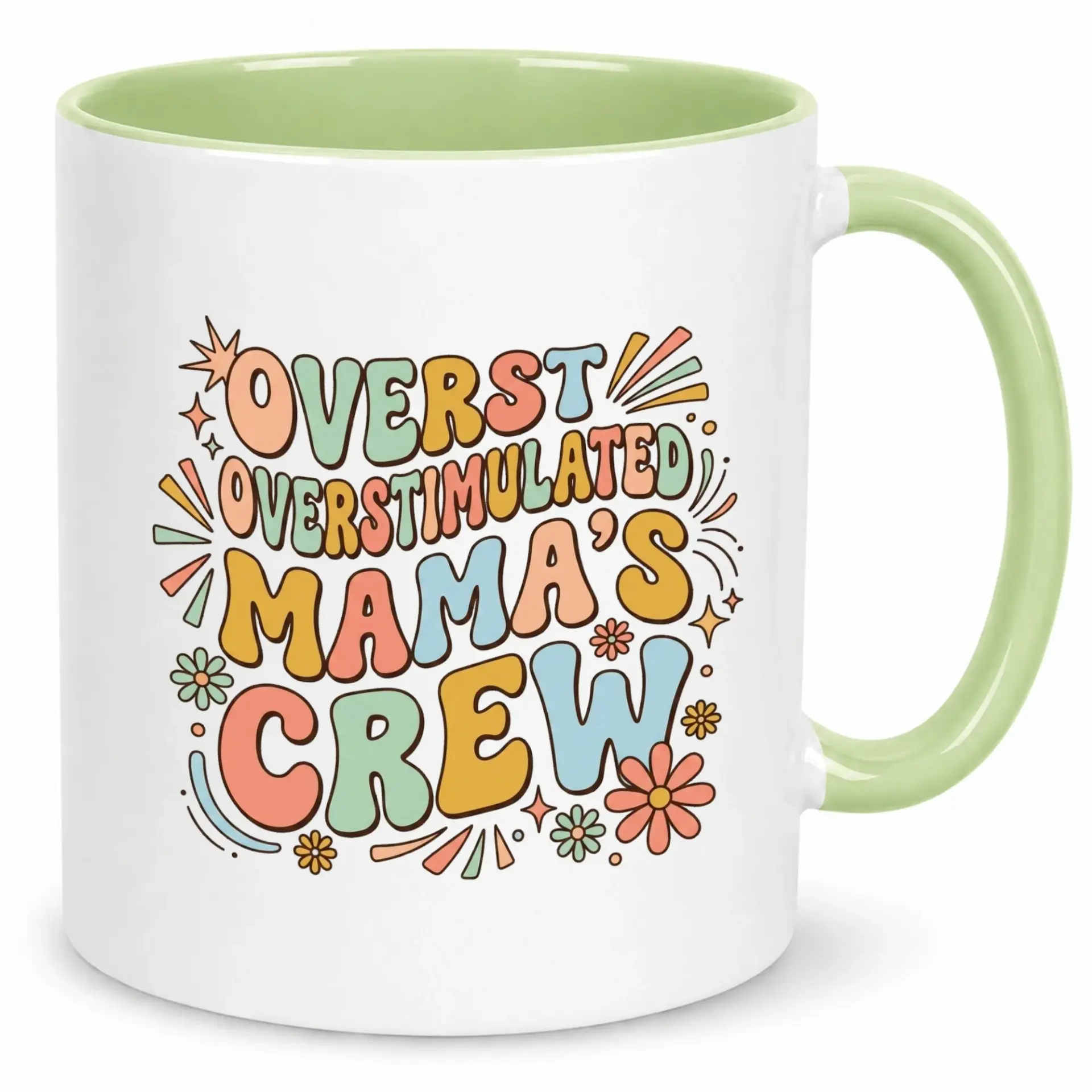 Funny Overstimulated Mama's Crew Ceramic Coffee Mug with Retro Floral Design Humorous Motherhood Gift for Women 11oz Drinkware