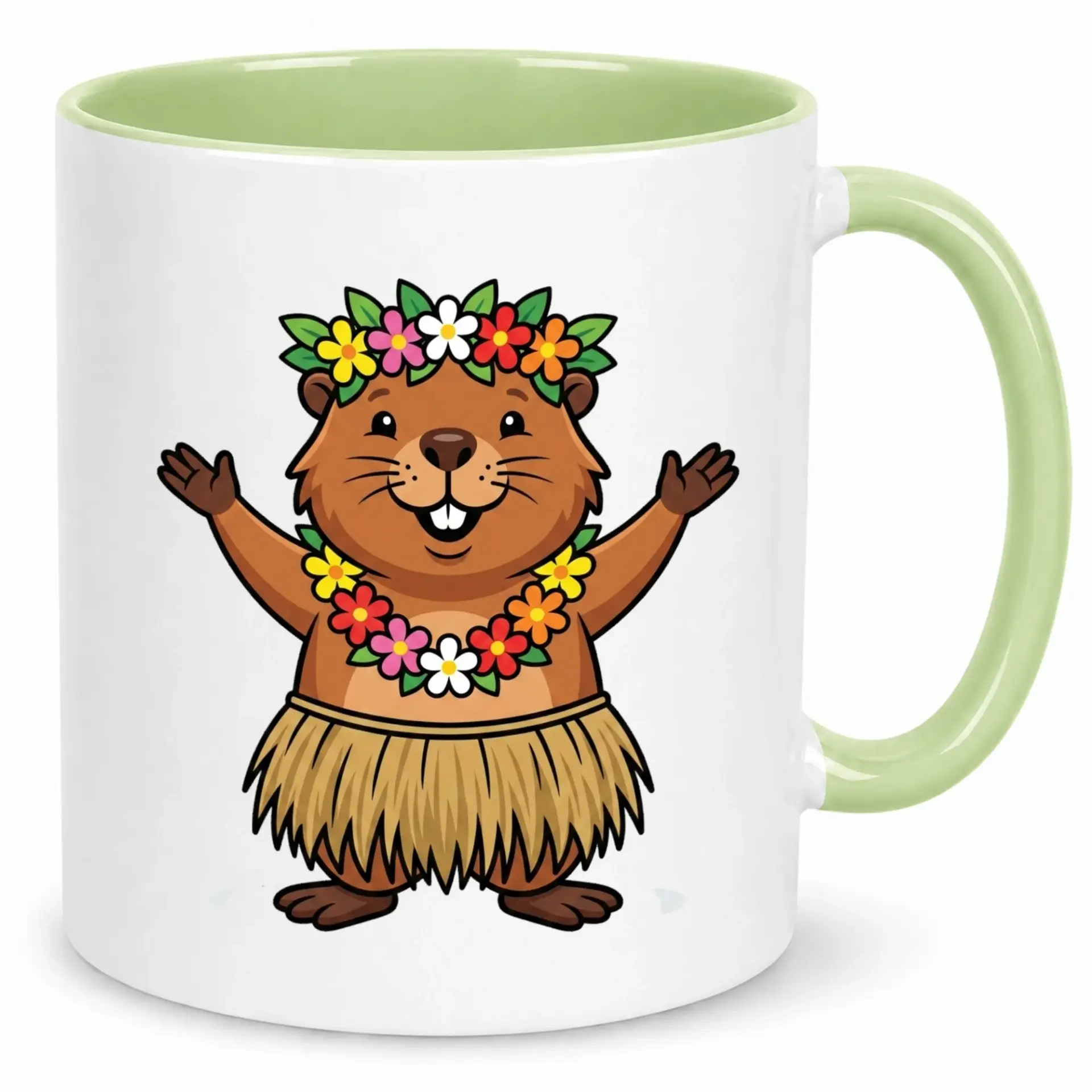 Funny Tropical Hula Groundhog Ceramic Coffee Mug, Cute Hawaiian Animal Themed 11oz or 15oz Beverage Cup Gift