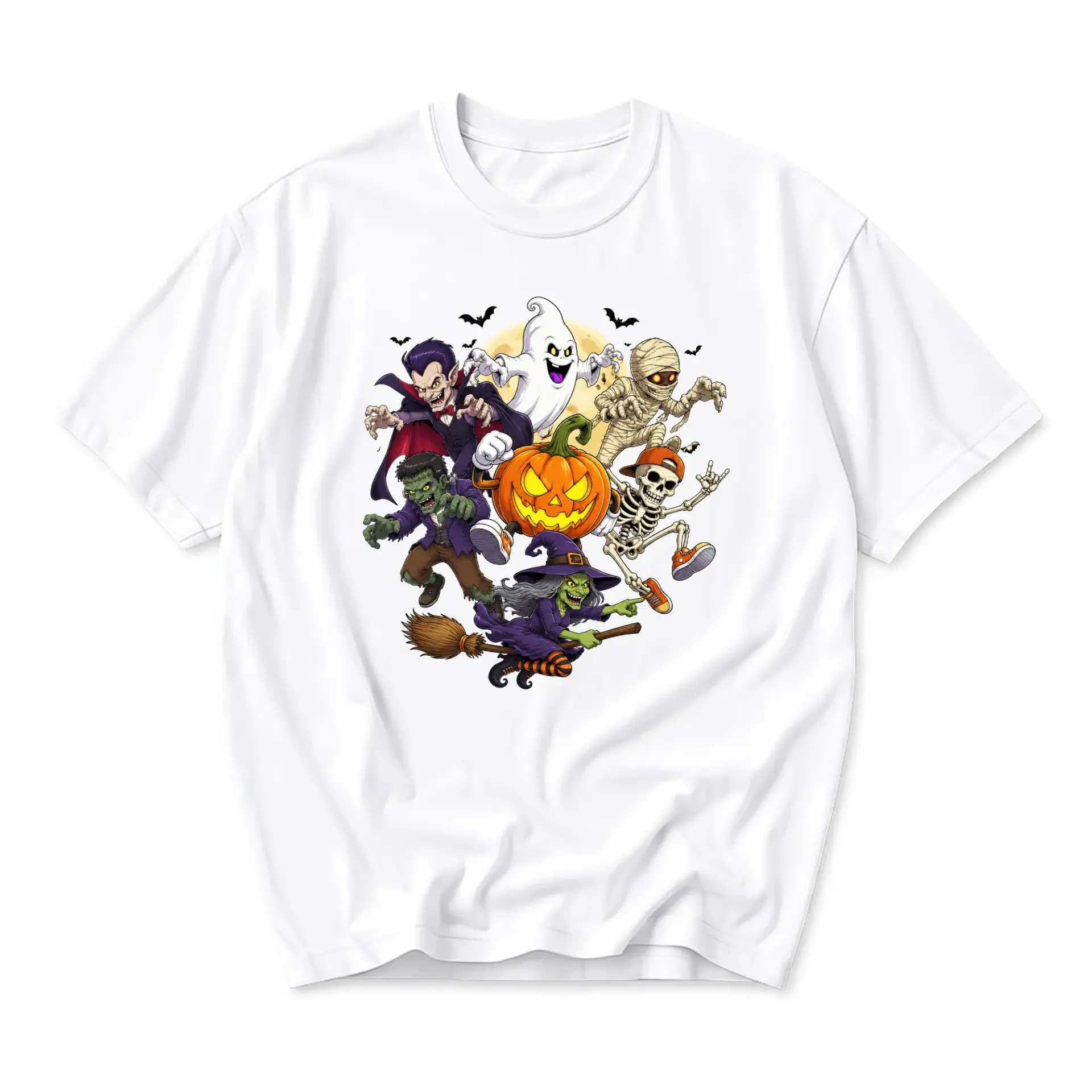 Funny Shirt Halloween Graphic Tee Spooky Monster Characters Print Short Sleeve Casual Unisex Crew Neck Top Apparel