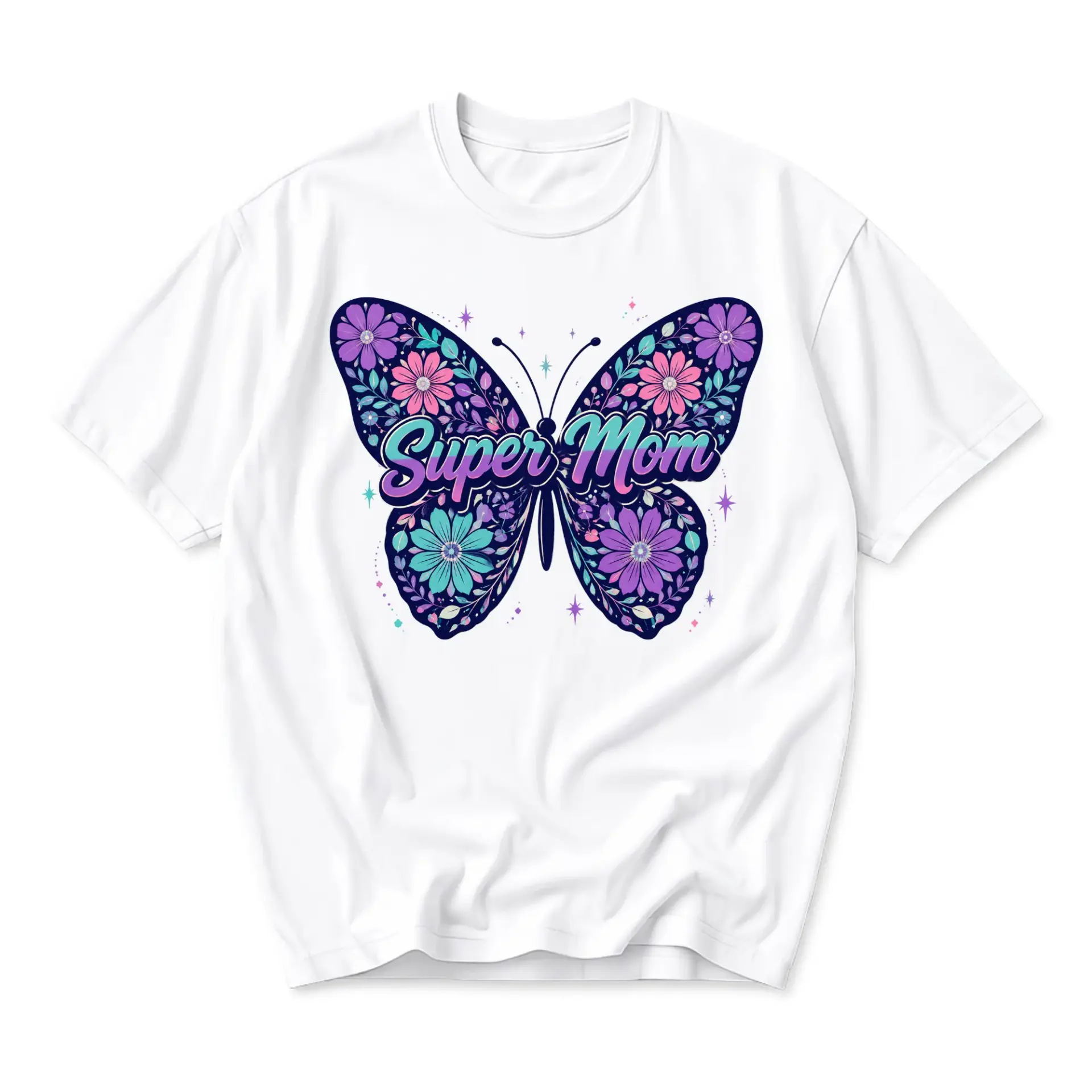 Graphic Tee Super Mom Butterfly Floral Design Unisex Casual Crew Neck T-Shirt Comfortable Soft Everyday Apparel