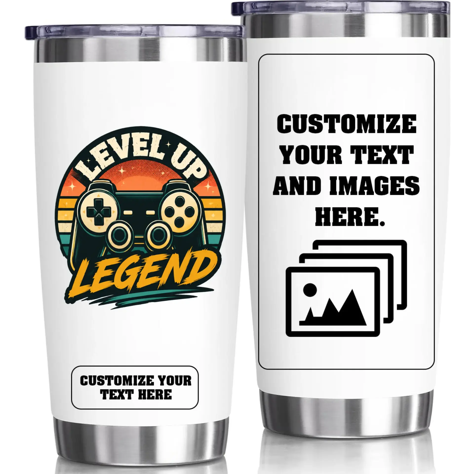 Stainless Steel Tumbler Level up Legend Gaming Design 20oz Vacuum Insulated Travel Cup for Coffee Tea Drinks