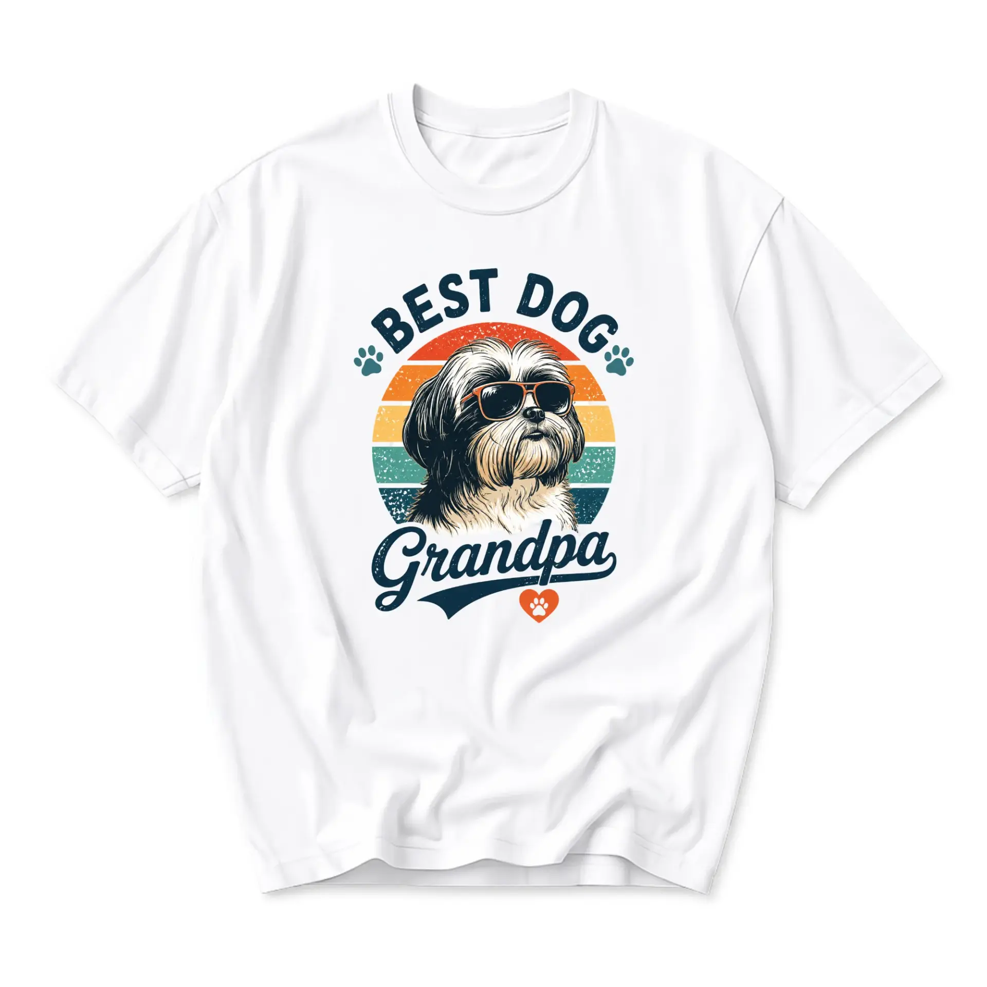 Funny Shirt Best Dog Grandpa Graphic Tee Retro Sunset Shih Tzu Lover Casual Crew Neck Unisex Cotton Blend T-Shirt