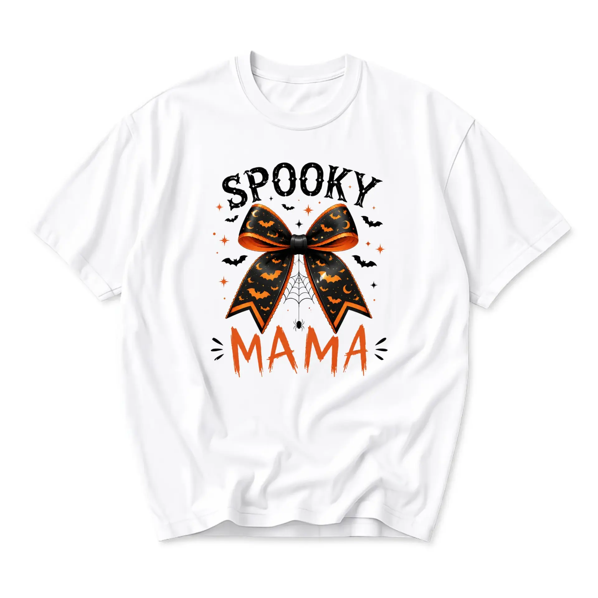 Graphic Tee Spooky Mama Halloween Shirt Bow with Bats Print Unisex Casual Crew Neck Soft Cotton Blend Summer Top