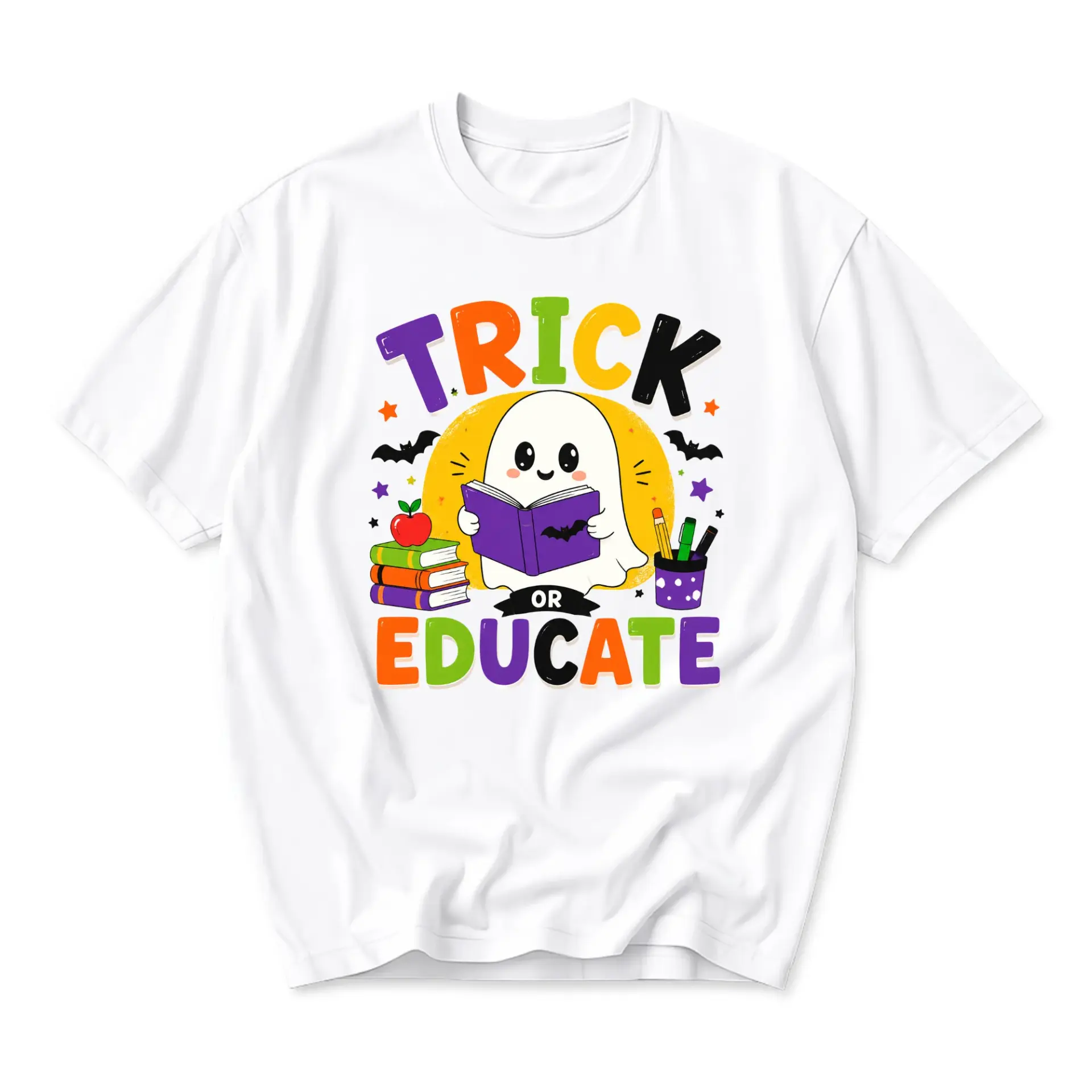 Graphic Tee Trick or Educate Halloween Ghost Shirt Funny Reading Lover Apparel Unisex Crew Neck Short Sleeve Top