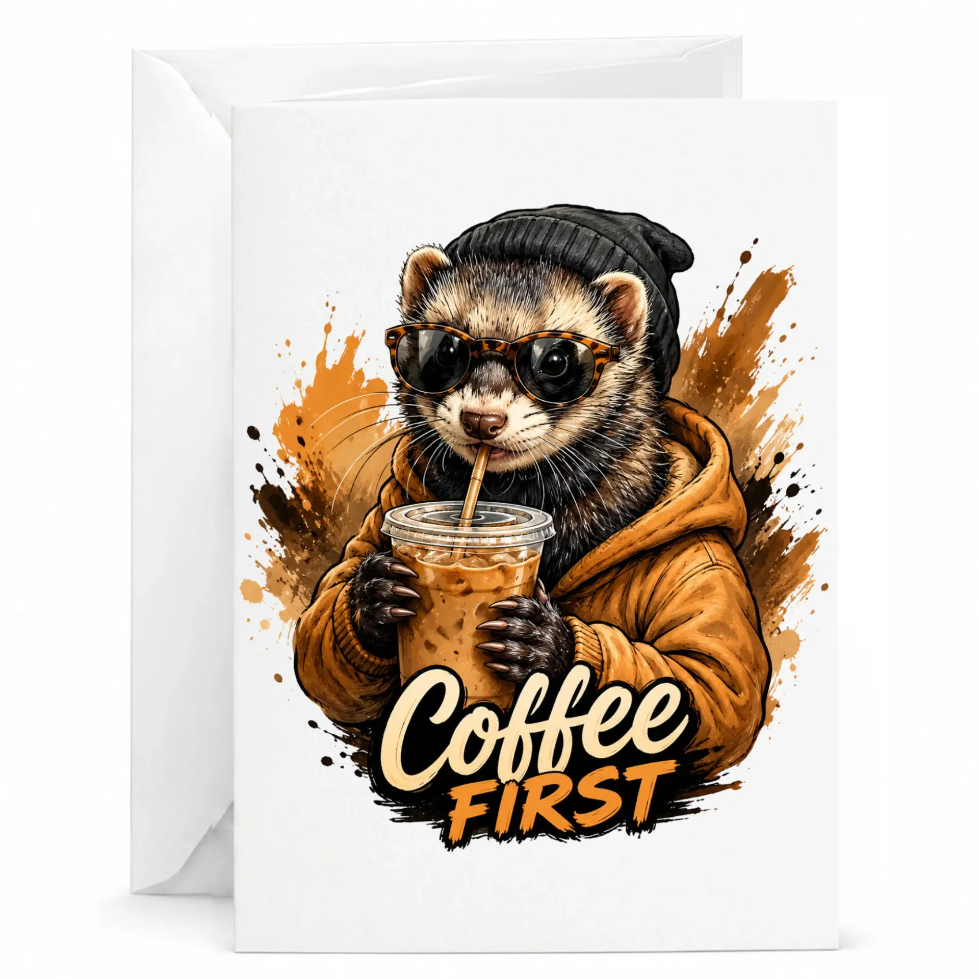 Funny Ferret Coffee First Greeting Card Cute Animal Lover Stationery for Birthday and Encouragement 5x7 Inch