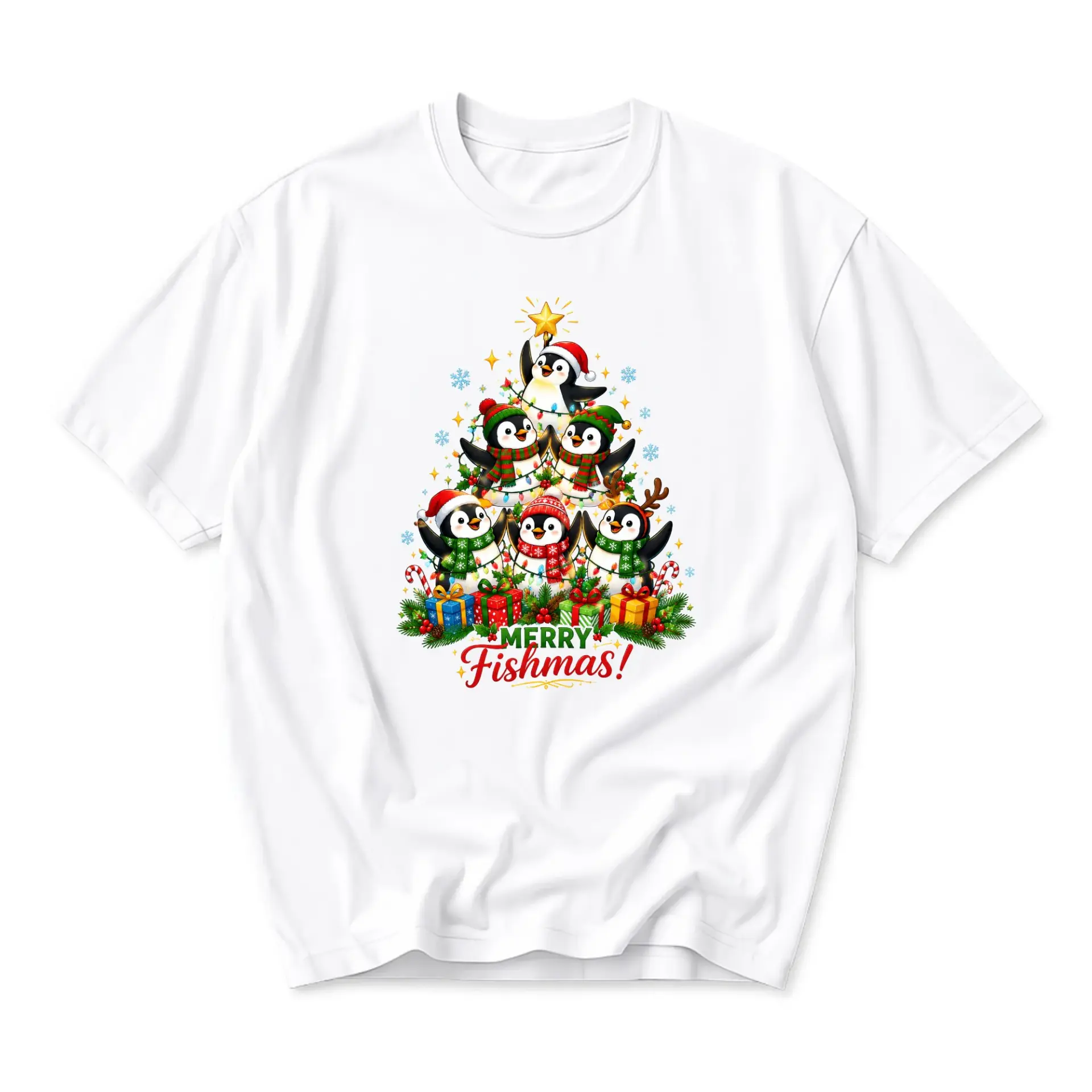 Funny Shirt Merry Fishmas Penguin Holiday Tree Unisex Graphic Printed