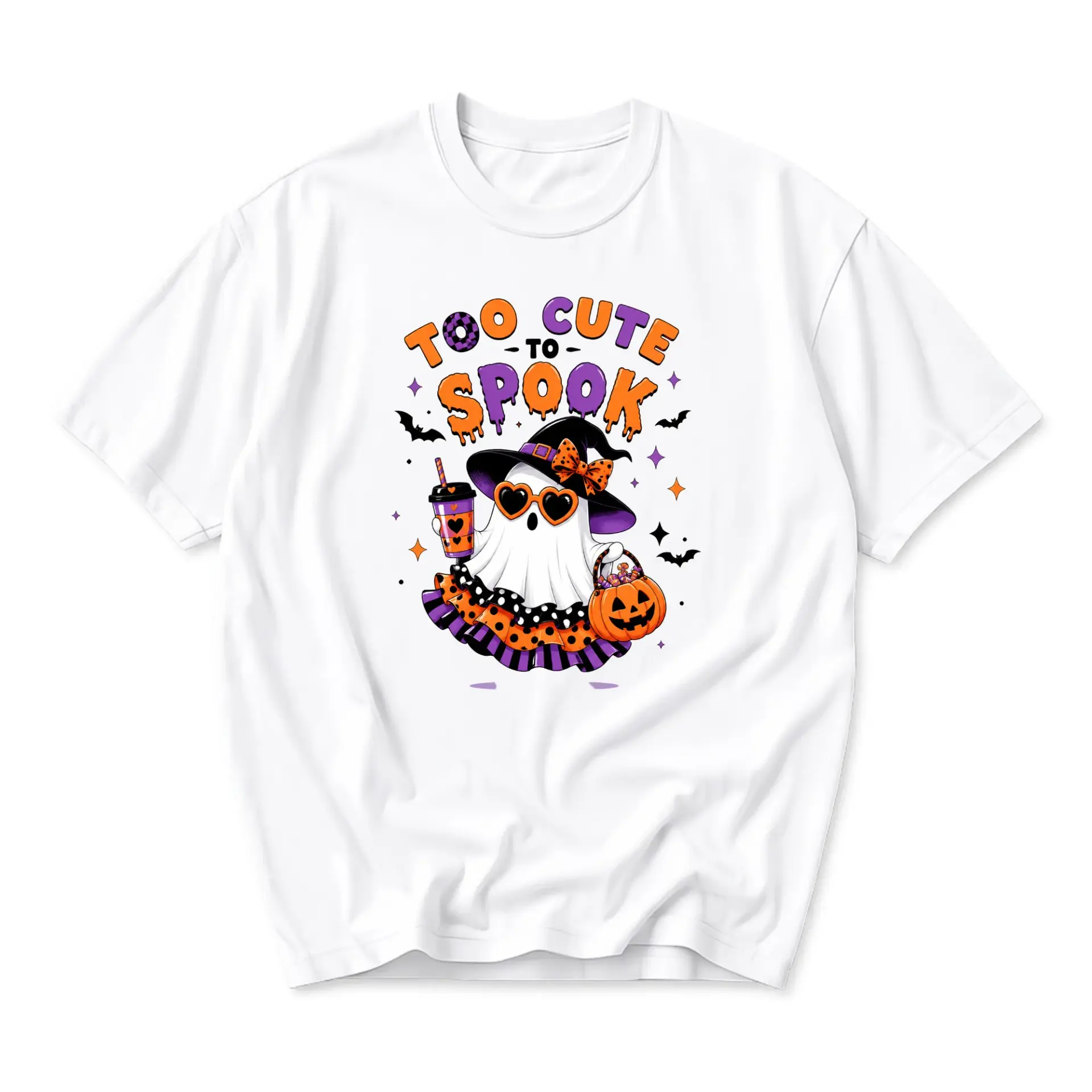Graphic Tee Too Cute to Spook Halloween Ghost Shirt Funny Autumn Pumpkin Witch Hat Unisex Crew Neck Casual Cotton Top
