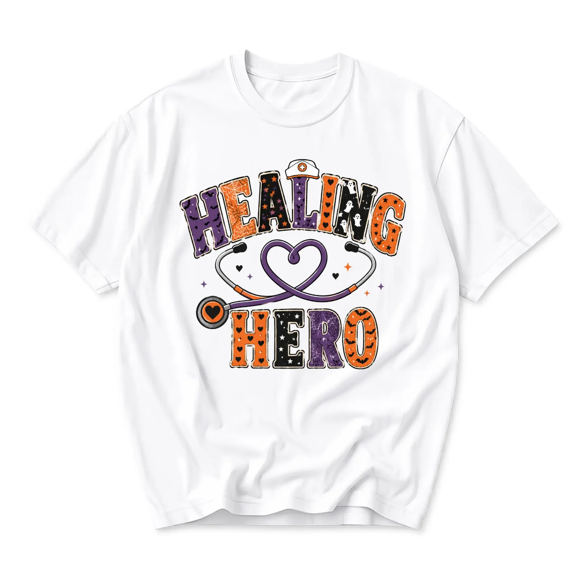 Graphic Tee Healing Hero Halloween Nurse Design Unisex Cotton Crew Neck Casual Short Sleeve Apparel White T-Shirt
