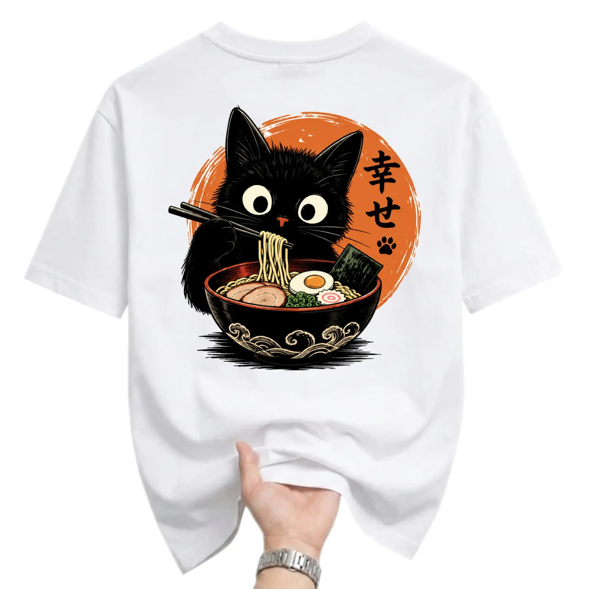 Graphic Tee Unisex Black Cat Eating Ramen Noodles Japanese Style Illustration Casual Crew Neck Short Sleeve Shirt
