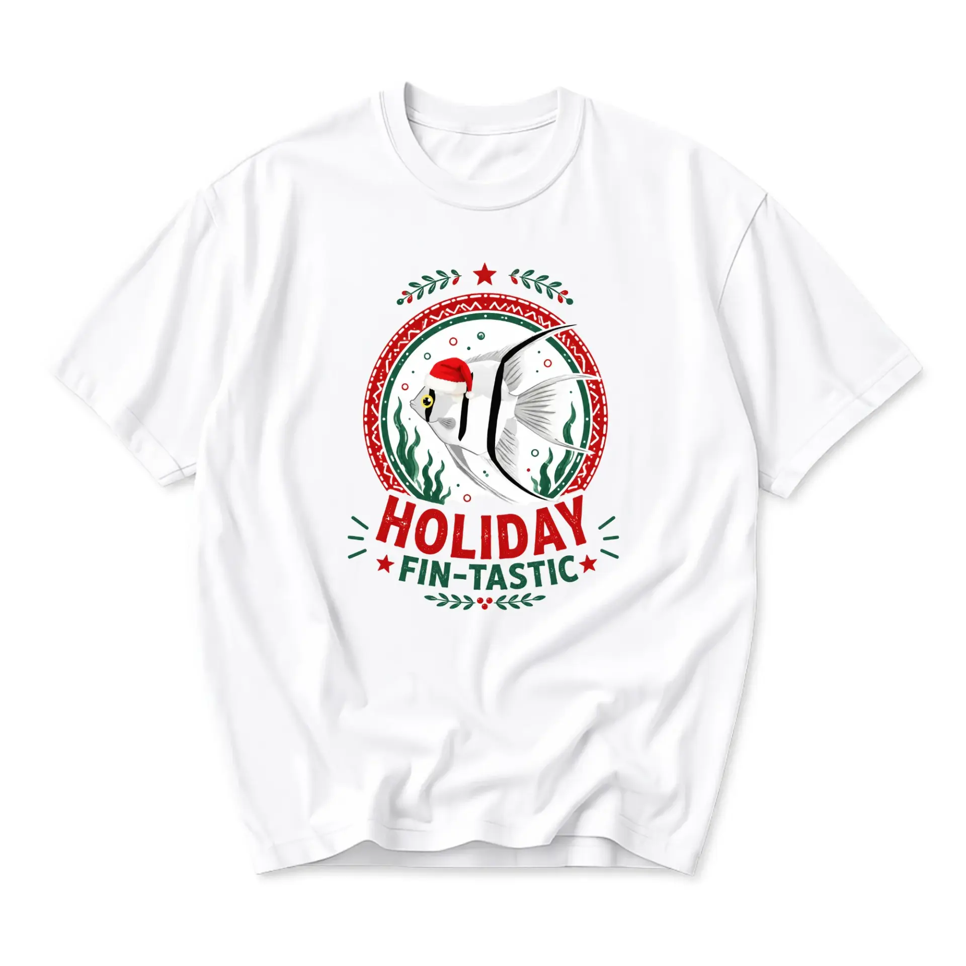 Funny Shirt Holiday Fin-Tastic Angelfish Graphic Tee Seasonal Unisex Crew Neck Short Sleeve Cotton Casual Top
