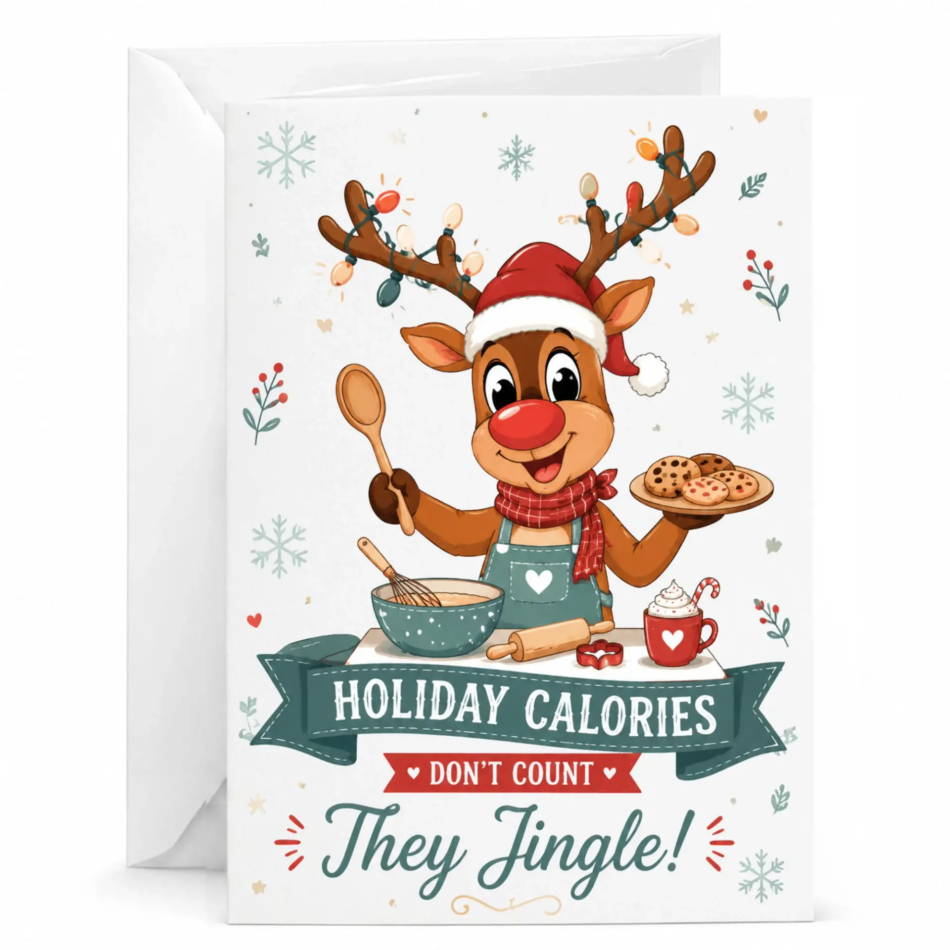 Funny Holiday Calories Reindeer Baking Greeting Card, Festive Winter Season Printed Stationery with Matching Envelope