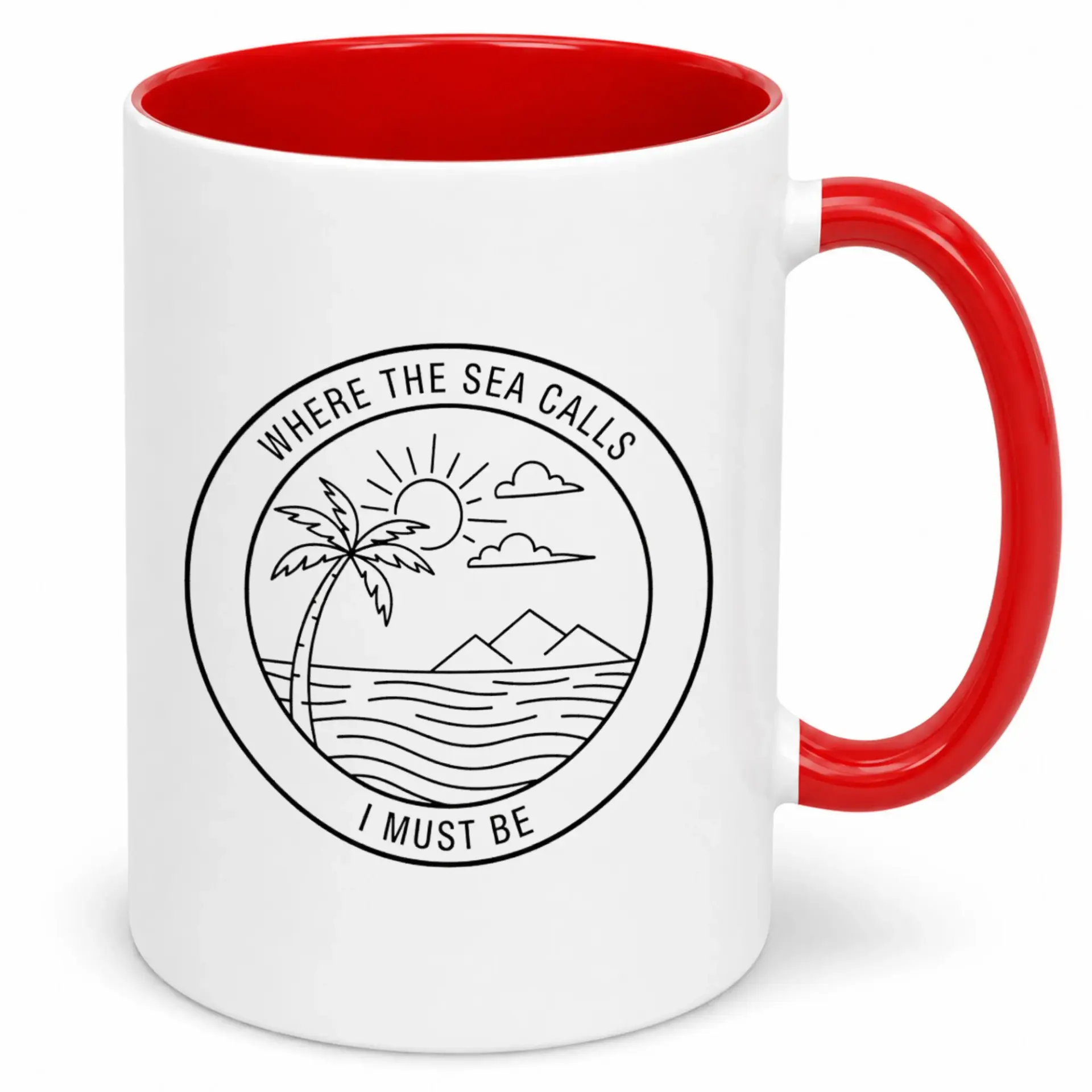 Coffee Mug Tropical Beach Palm Tree Ocean Scenic Ceramic Drinkware Where the Sea Calls I Must Be Sentiment Gift