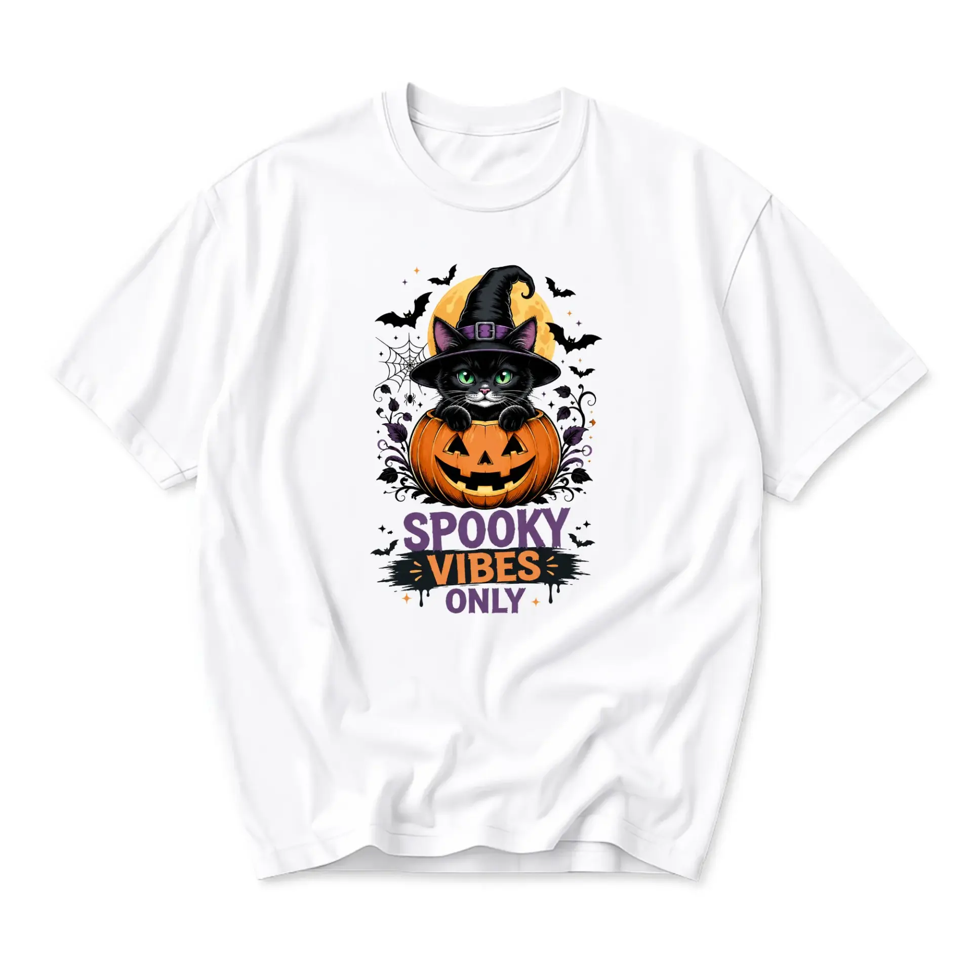 Graphic Tee Spooky Vibes Only Black Cat in Pumpkin Halloween Unisex Crew Neck Shirt for Casual Seasonal Wear