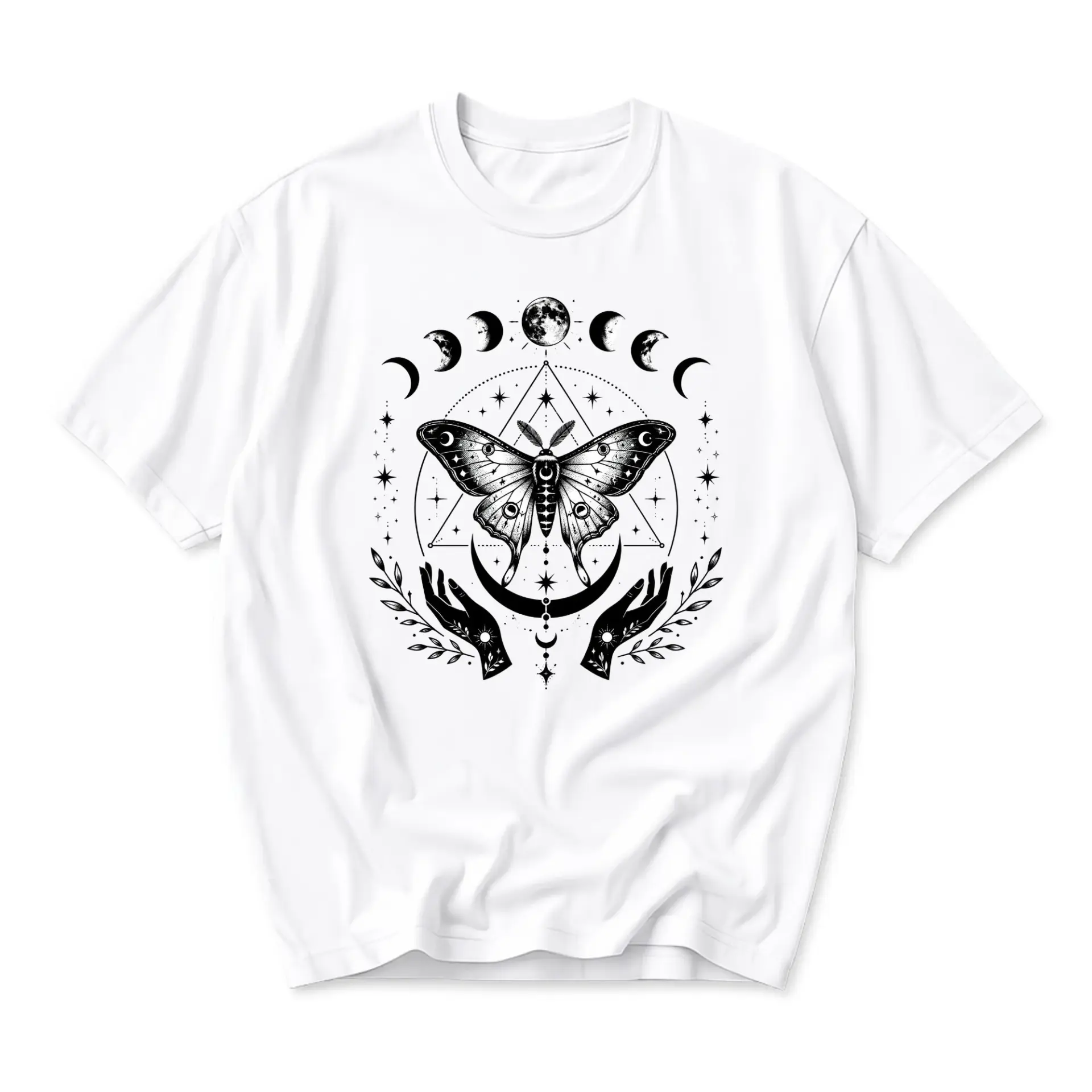 Graphic Tee Moth and Moon Phase Celestial Illustration Unisex Crew Neck Short Sleeve Cotton Casual Everyday Apparel