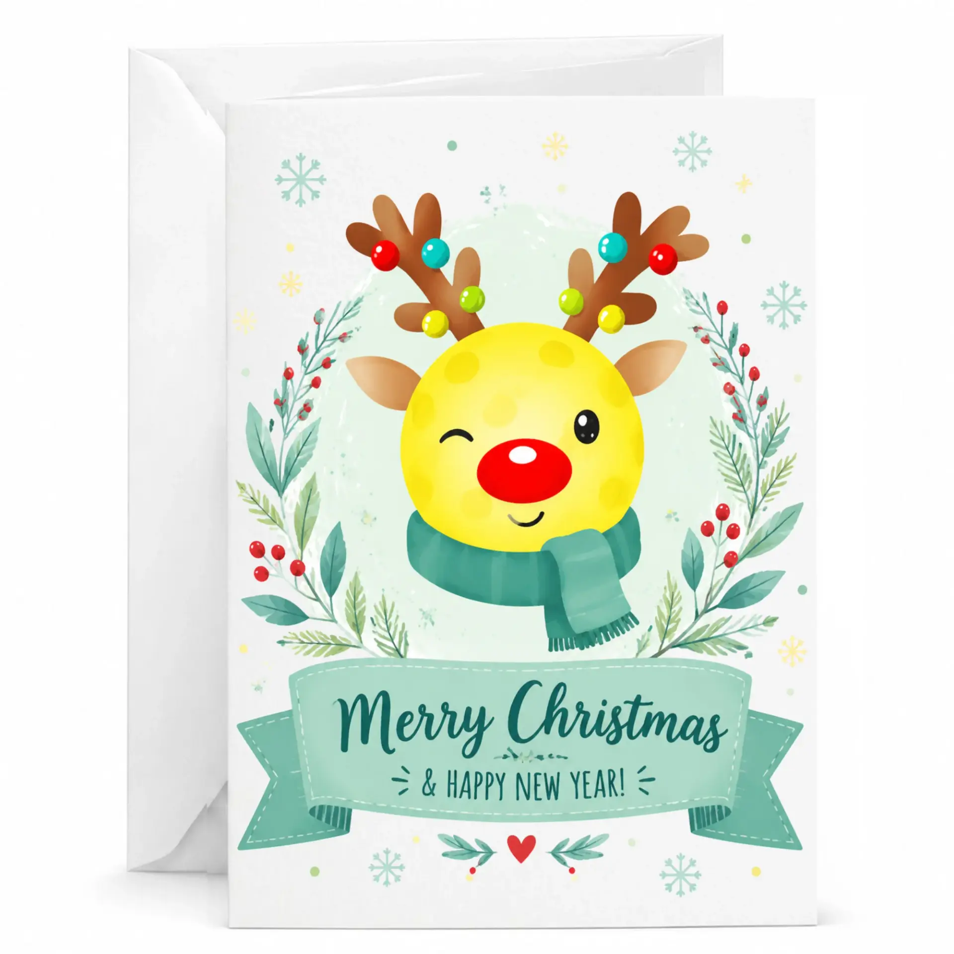 Greeting Card Merry Christmas and Happy New Year Festive Reindeer Illustration Holiday Note for Season Greeting