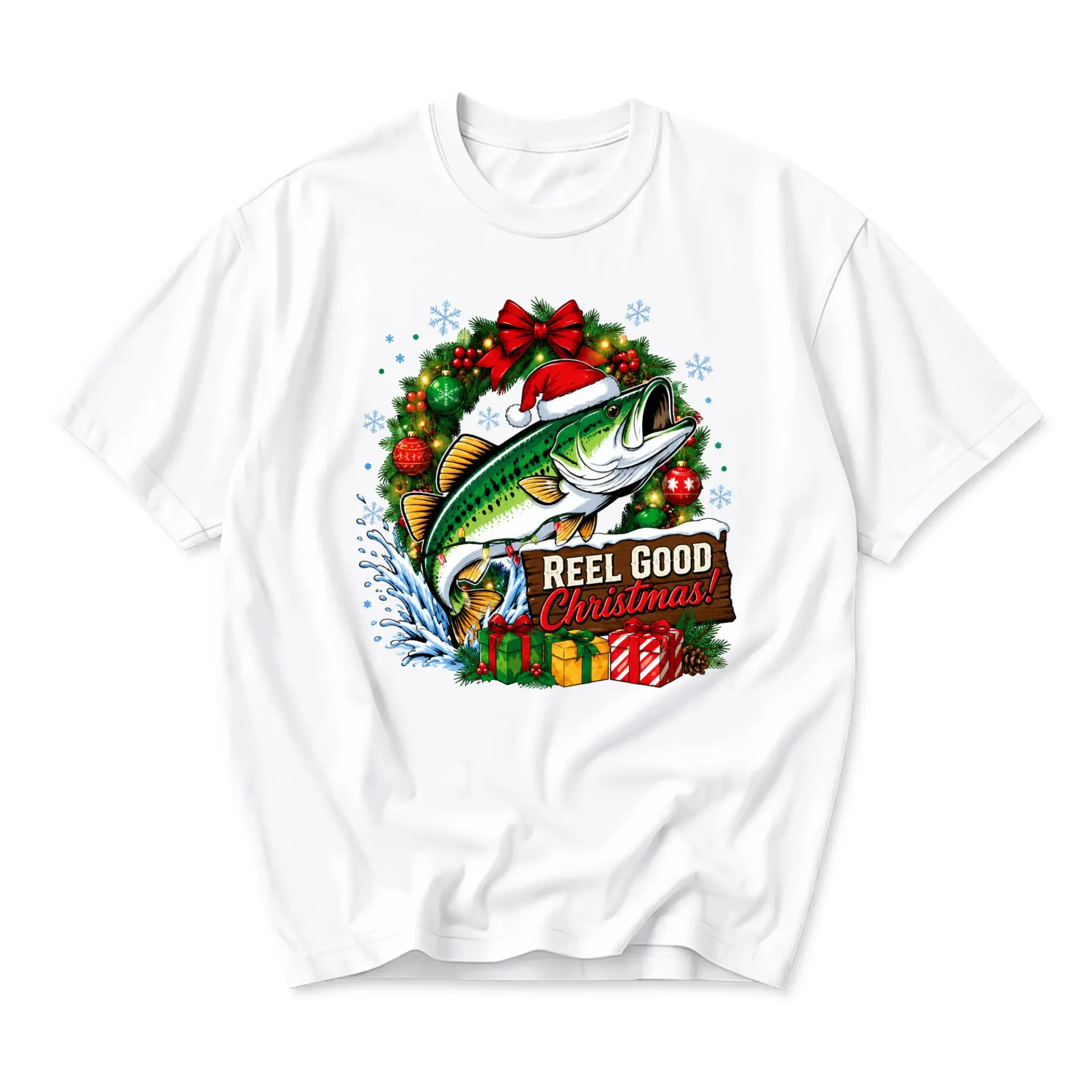 Funny Shirt Reel Good Christmas Fish Graphic Tee Unisex Crew Neck Casual Everyday Wear Holiday Gift Apparel White