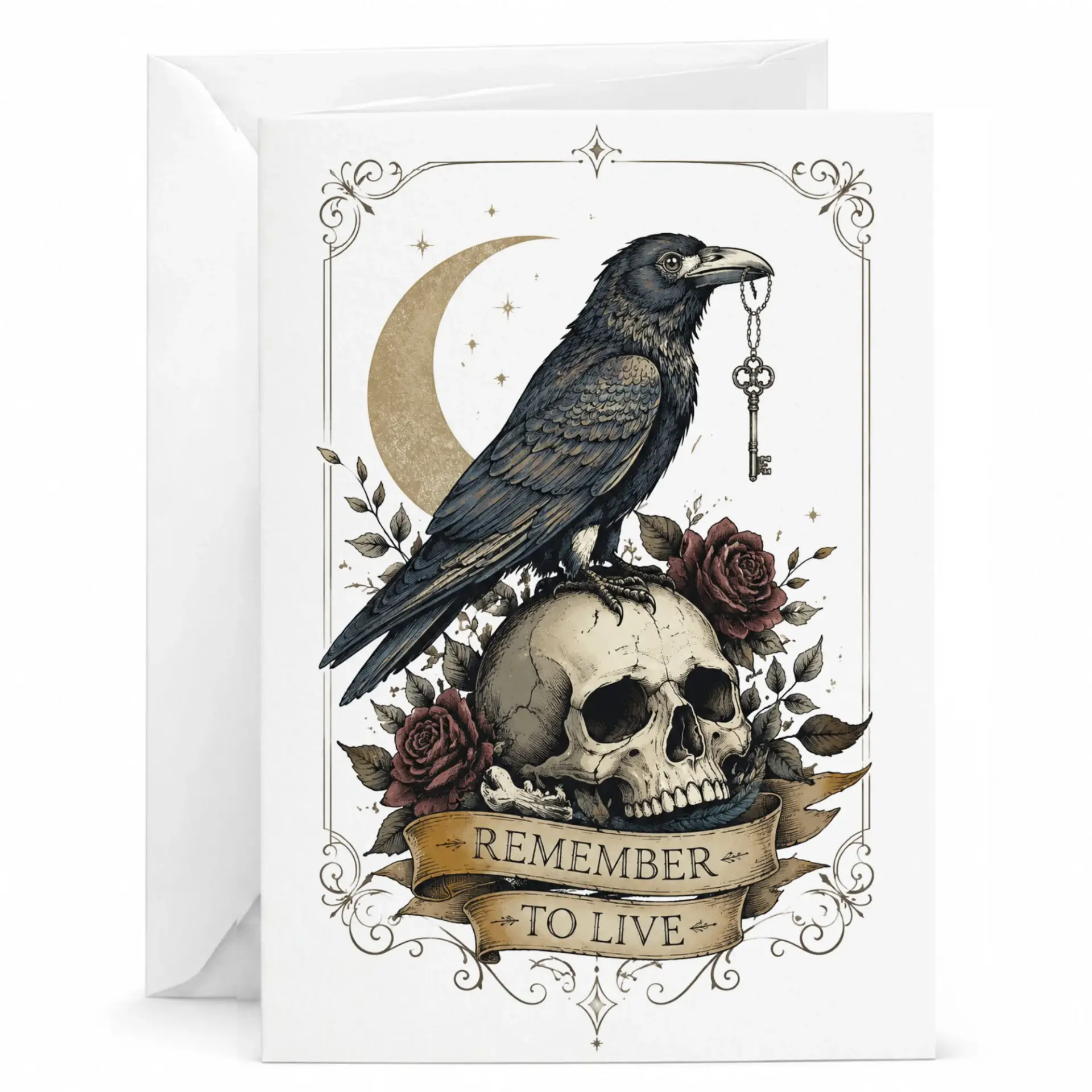 Greeting Card Remember to Live Raven with Skull Artwork Illustration on Premium Heavyweight Cardstock for Any Occasion