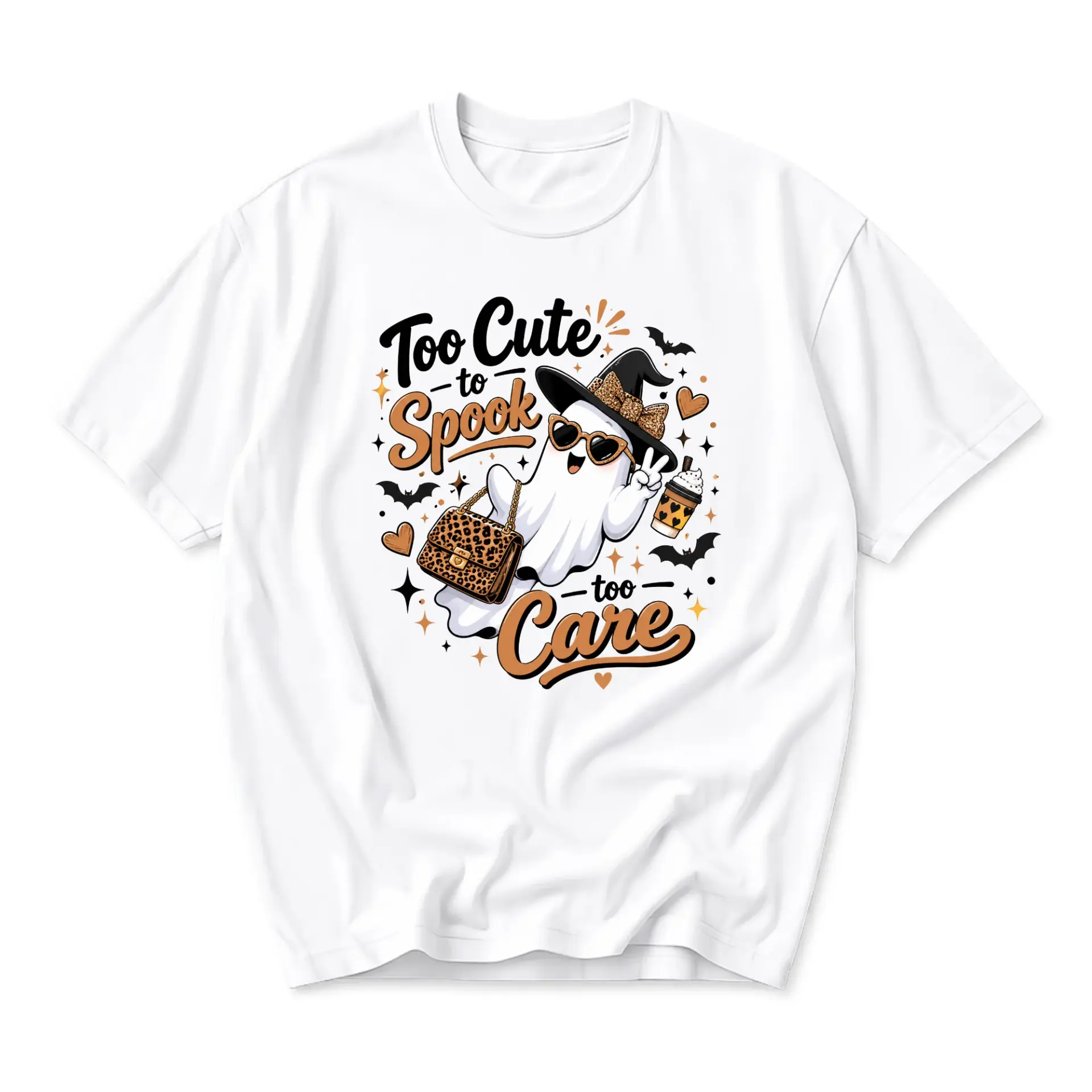 Graphic Tee Too Cute to Spook Too Care Ghost Aesthetic Shirt Funny Halloween Casual Unisex Crew Neck Top Short Sleeve