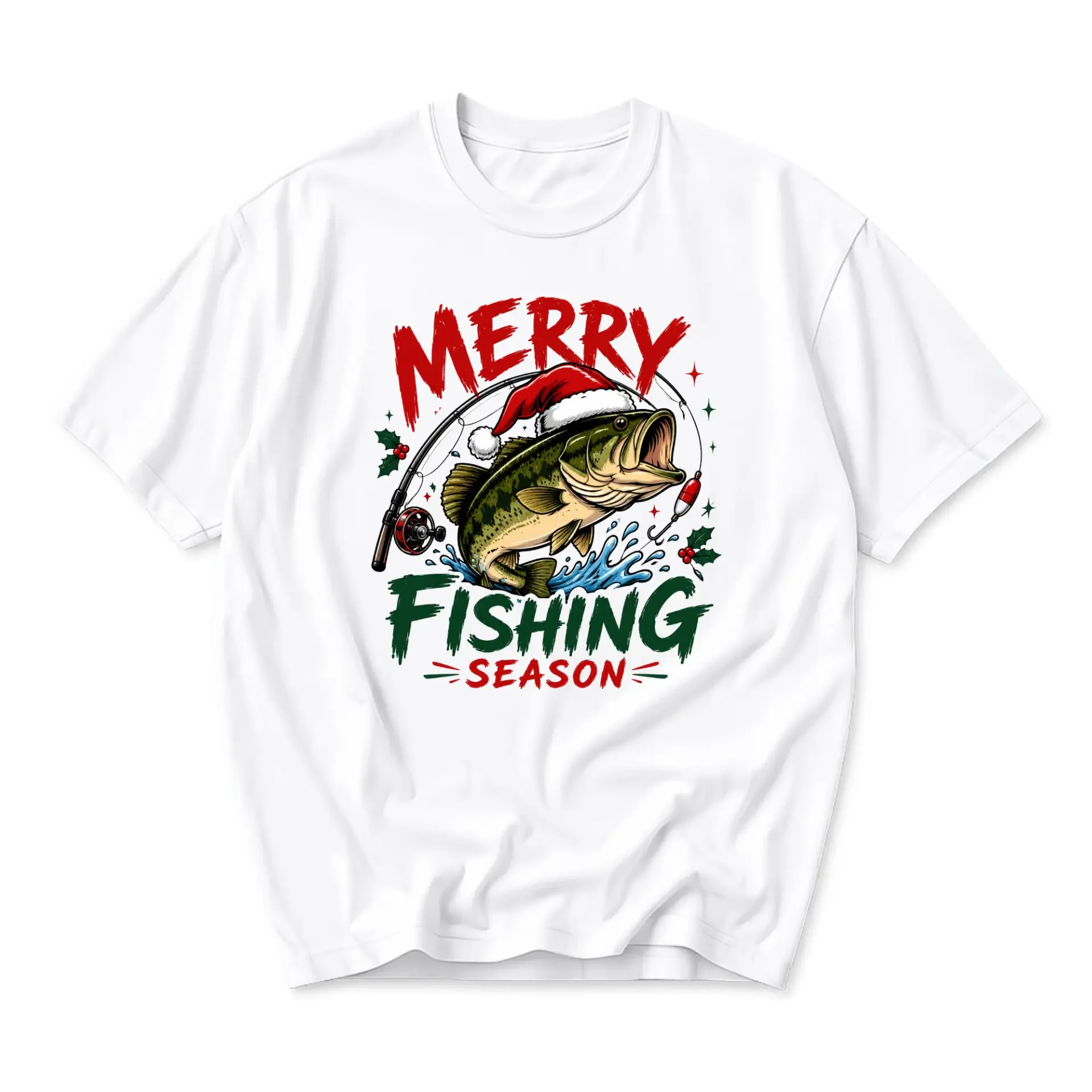Funny Shirt Merry Fishing Season Graphic Tee Christmas Holiday Catching Unisex Crew Neck Casual Cotton Top