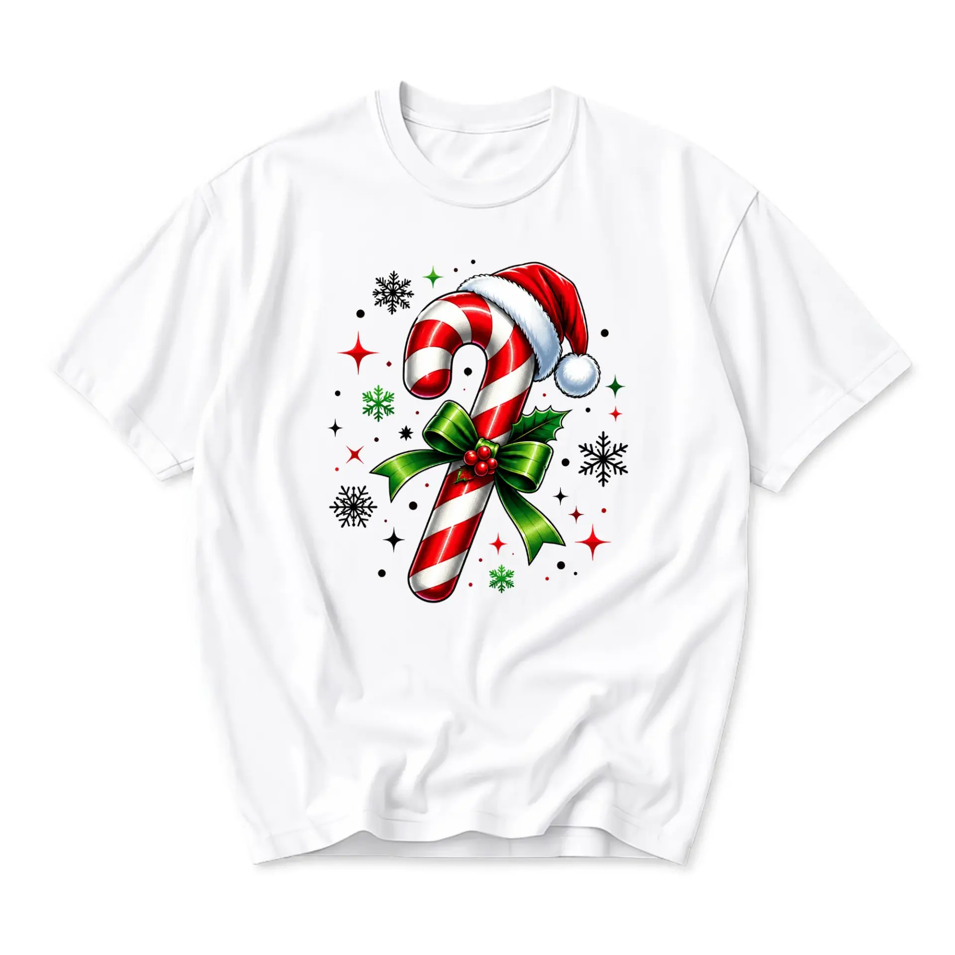 T-shirt Graphic Tee Featuring Festive Candy Cane with Santa Hat and Holiday Snowflakes for Seasonal Celebration