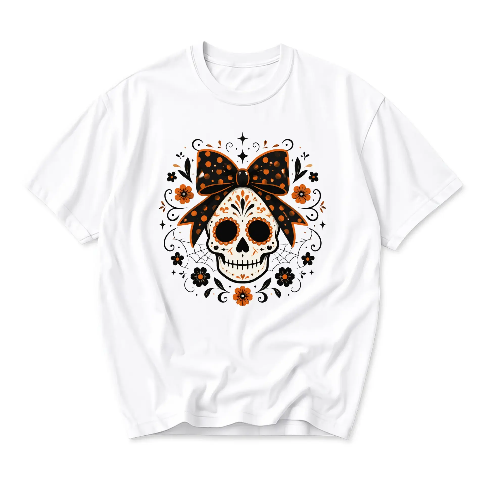T-shirt Sugar Skull Graphic Tee Unisex Crew Neck Casual Cotton Blend Soft Top Featuring Decorative Floral Bow Design