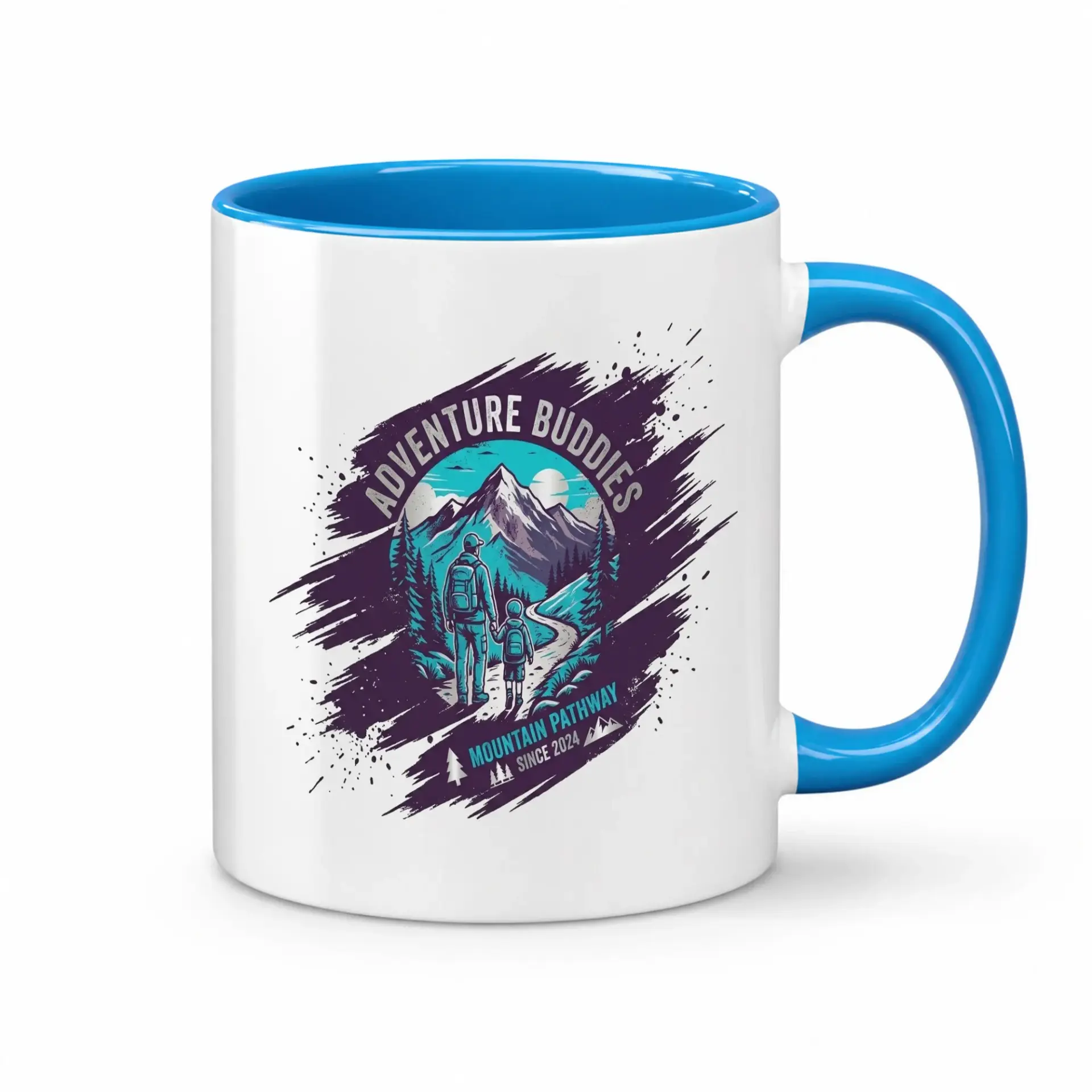 Adventure Buddies Mountain Pathway Ceramic Coffee Mug with Blue Handle and Rim Graphic Travel Themed Drinkware Gift