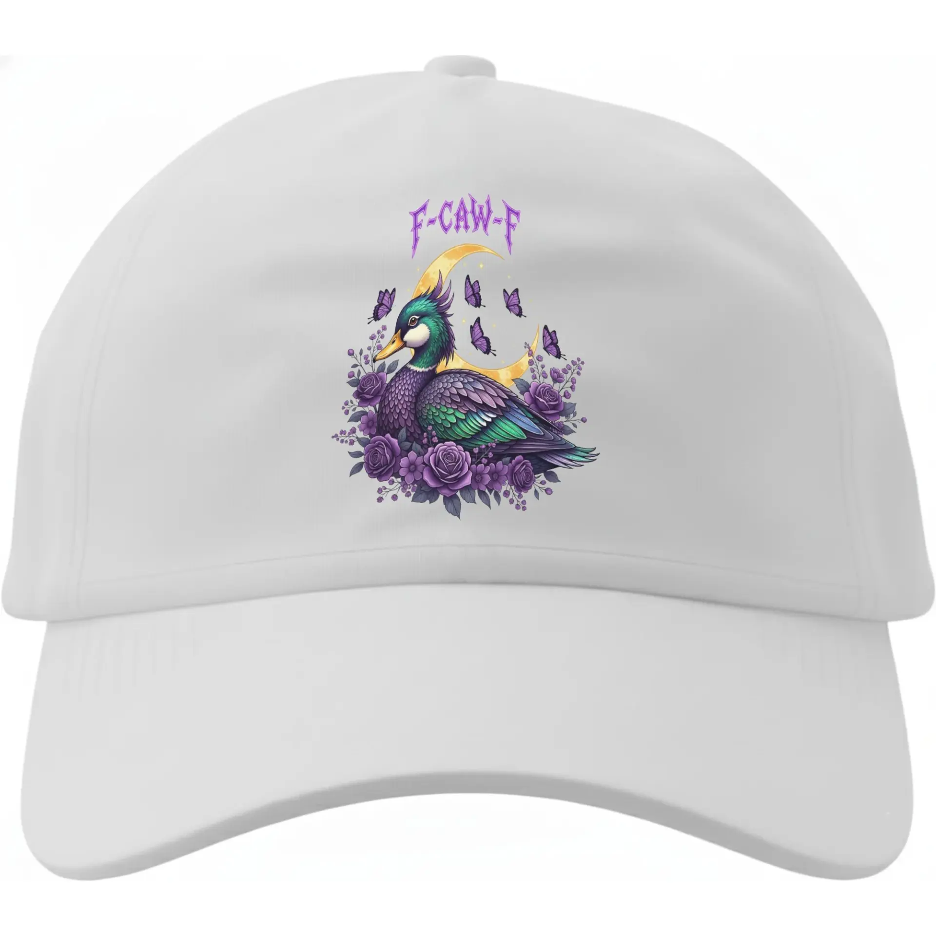 Dad Hat Featuring Whimsical Duck Illustration with Purple Flowers and Crescent Moon Aesthetic Graphic Print Baseball Cap