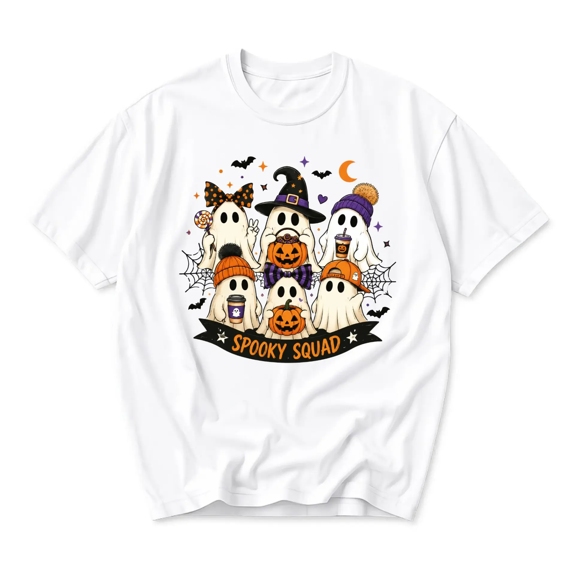 Graphic Tee Spooky Squad Ghost Illustration Casual Unisex Crew Neck T-Shirt for Halloween Party and Everyday Wear