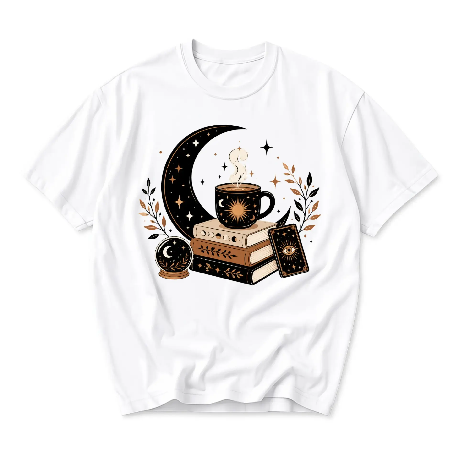 Graphic Tee Celestial Moon and Books Print Unisex Casual Crew Neck T-Shirt for Everyday Style and Expression