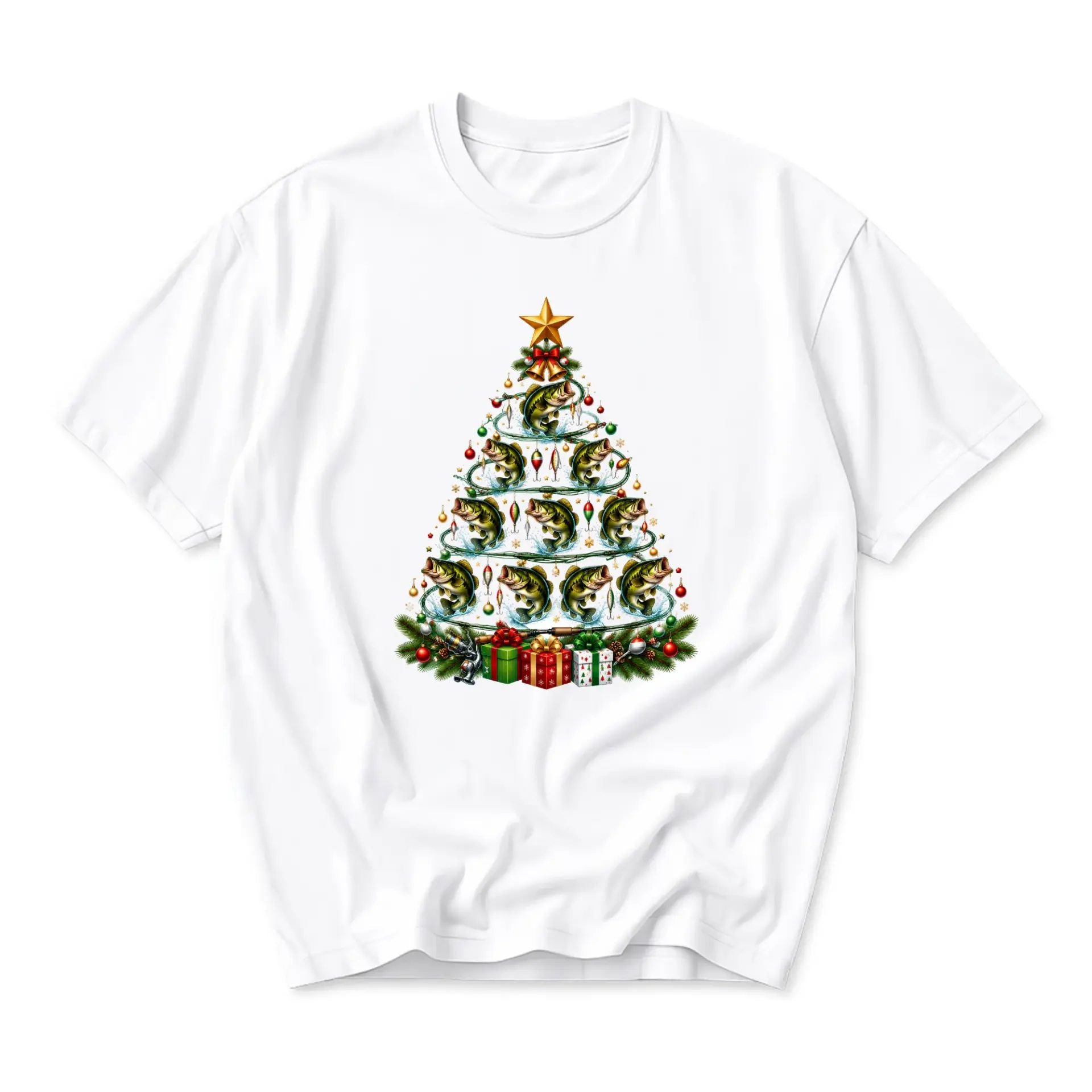 Graphic Tee Unisex Short Sleeve T-Shirt Fishing Christmas Tree Print