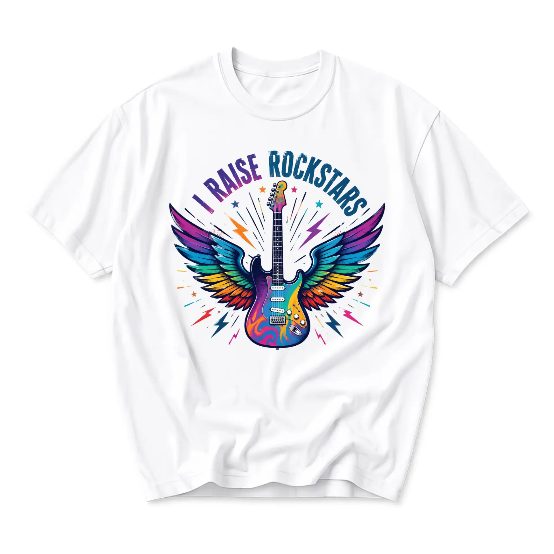 Graphic Tee I Raise Rockstars Electric Guitar Rainbow Wings Design Unisex Casual Cotton Crew Neck Short Sleeve Top