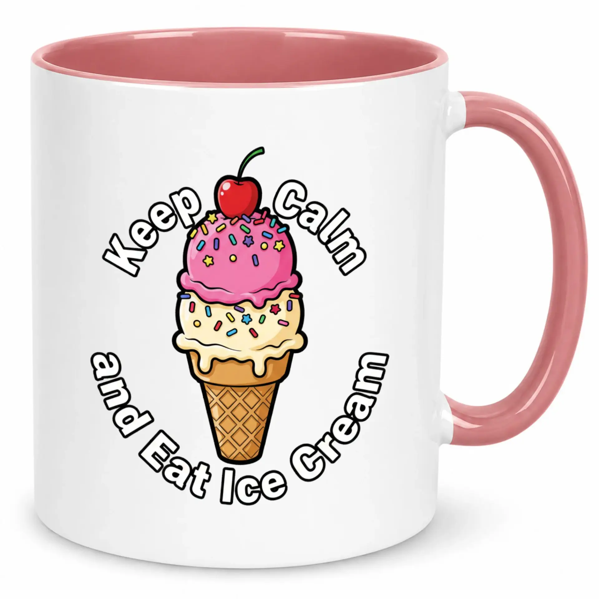 Funny Ice Cream Theme Ceramic Coffee Mug with Keep Calm Quote, 11oz or 15oz White Glossy Drinkware for Hot Beverages and Gifts