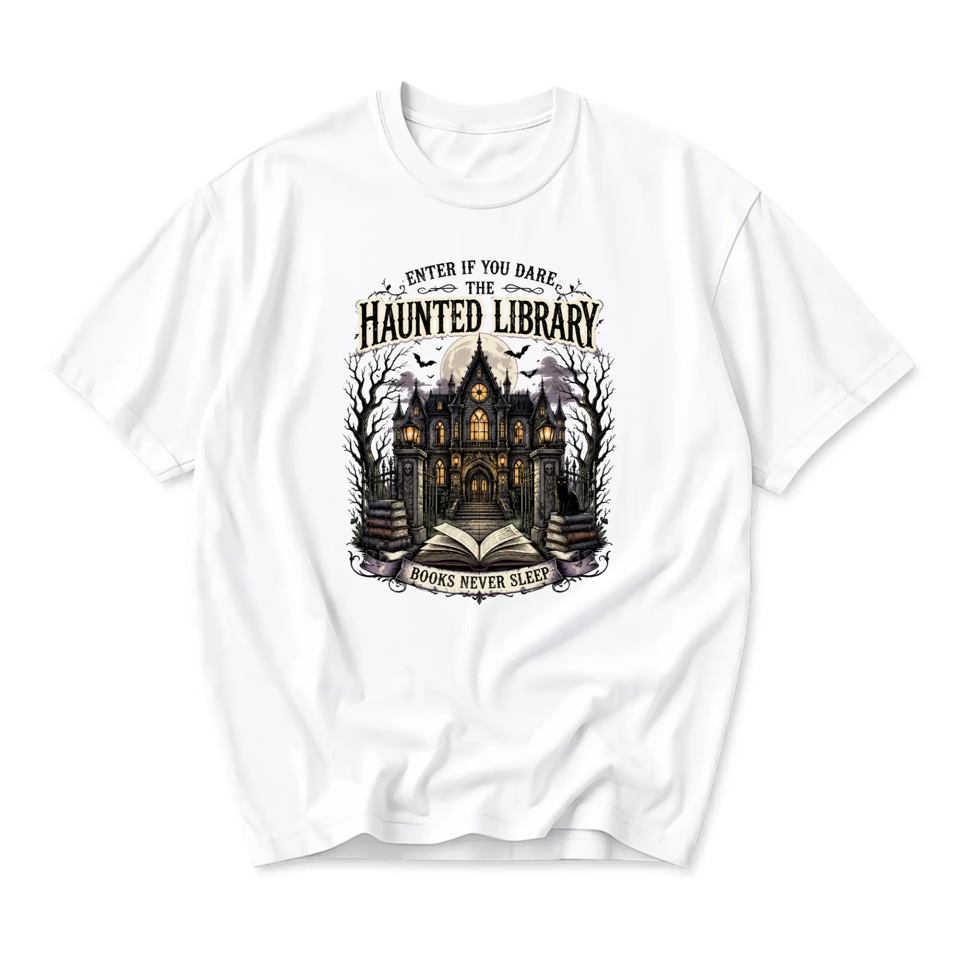 Graphic Tee the Haunted Library Unisex Shirt Gothic Novelty Apparel for Readers and Book Lovers Casual Cotton Top