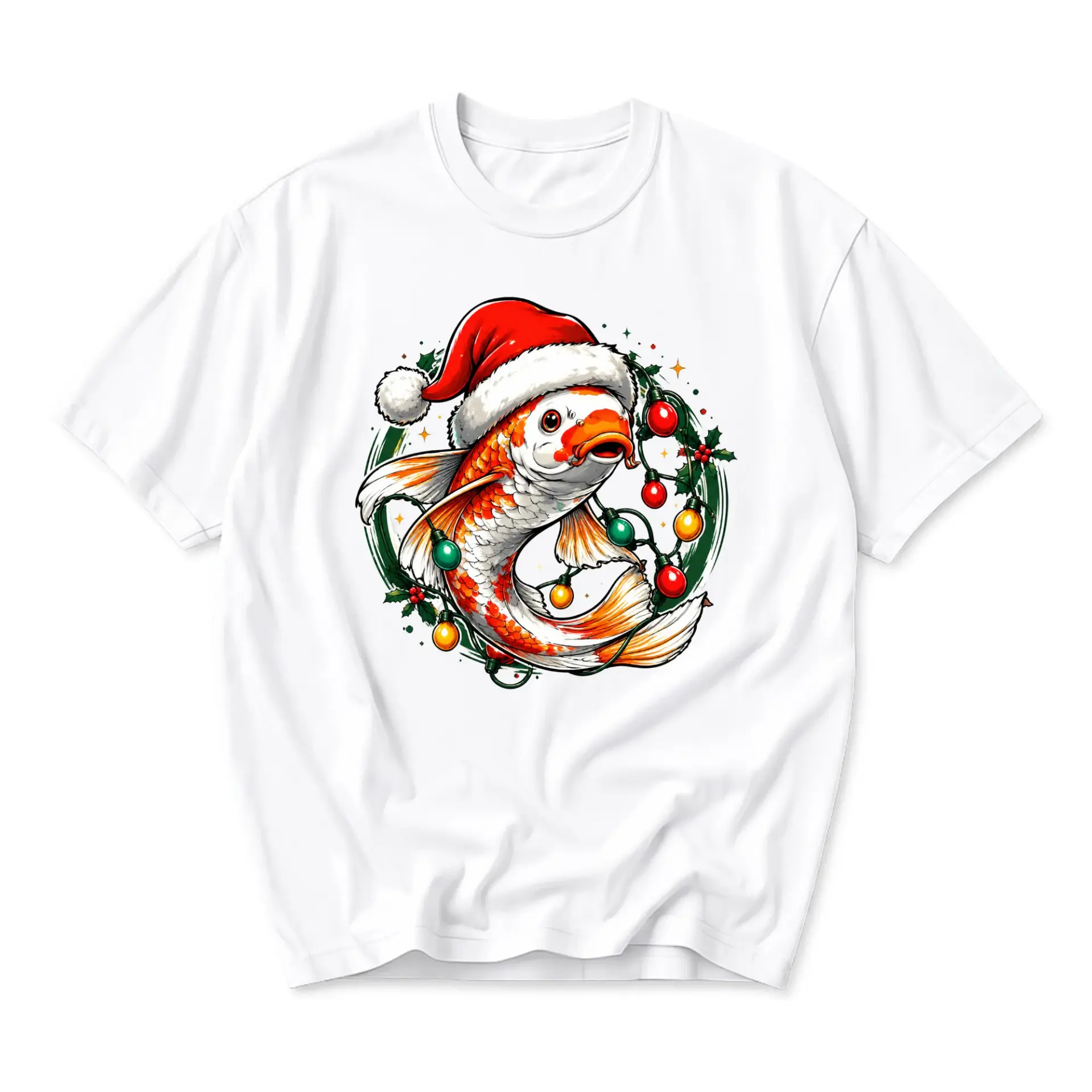 Graphic Tee Unisex Koi Fish Wearing Santa Hat Christmas Lights Illustration Casual Cotton Crew Neck Shirt Apparel