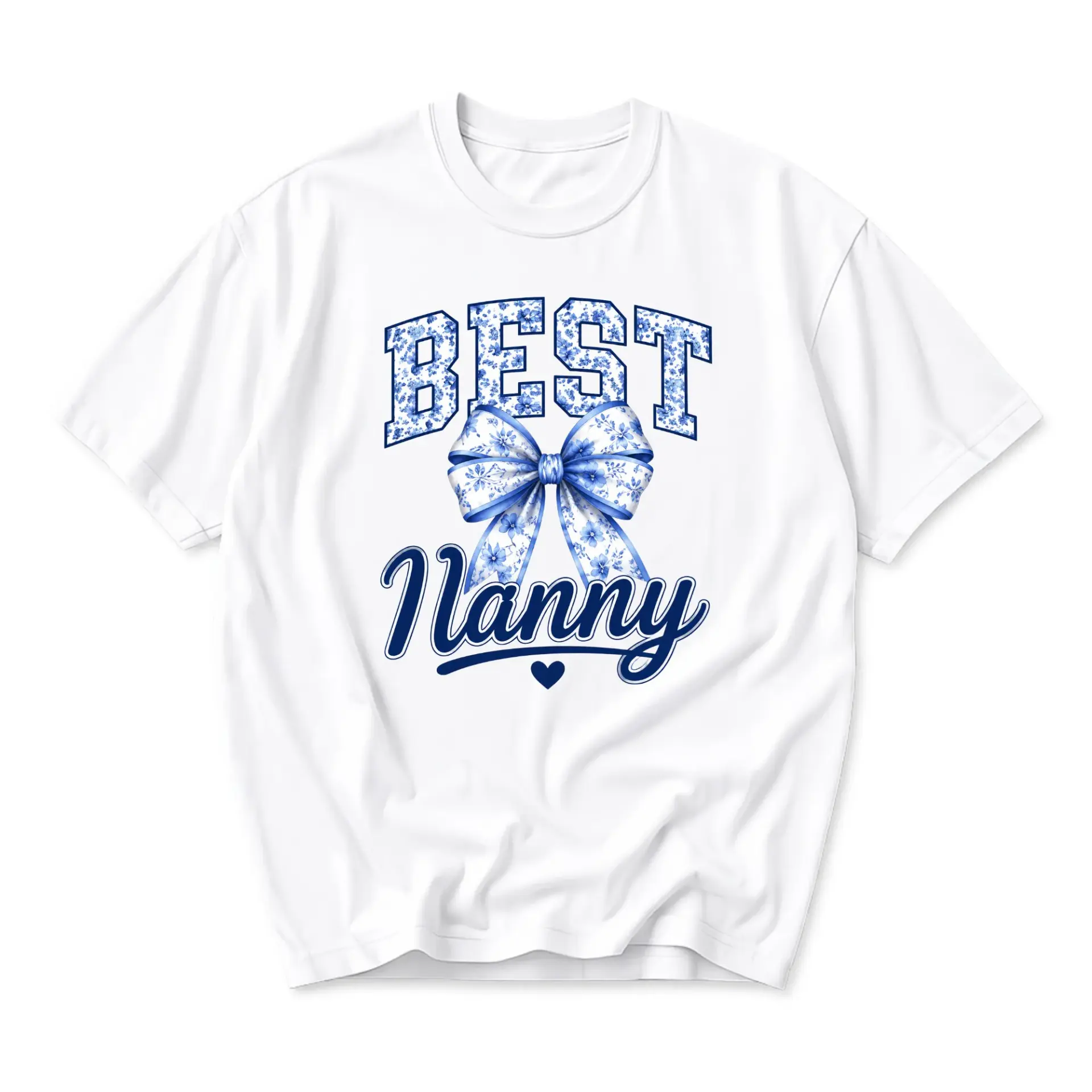 Graphic Tee Best Nanny Blue Floral Bow Shirt Unisex Casual Crew Neck