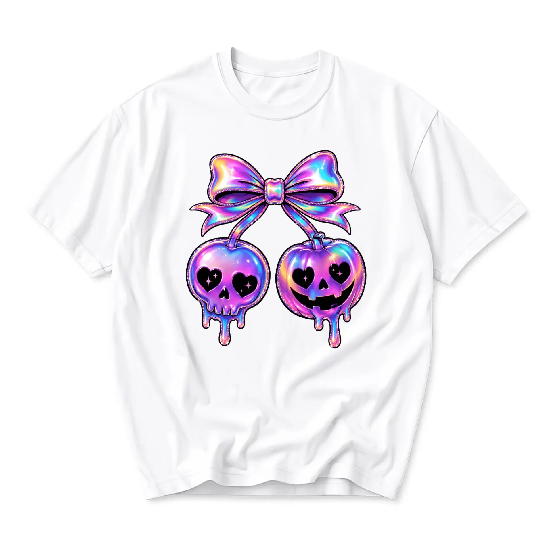 Graphic Tee Unisex Crew Neck T-Shirt with Holographic Skull and Pumpkin Cherries Print Casual Summer Apparel